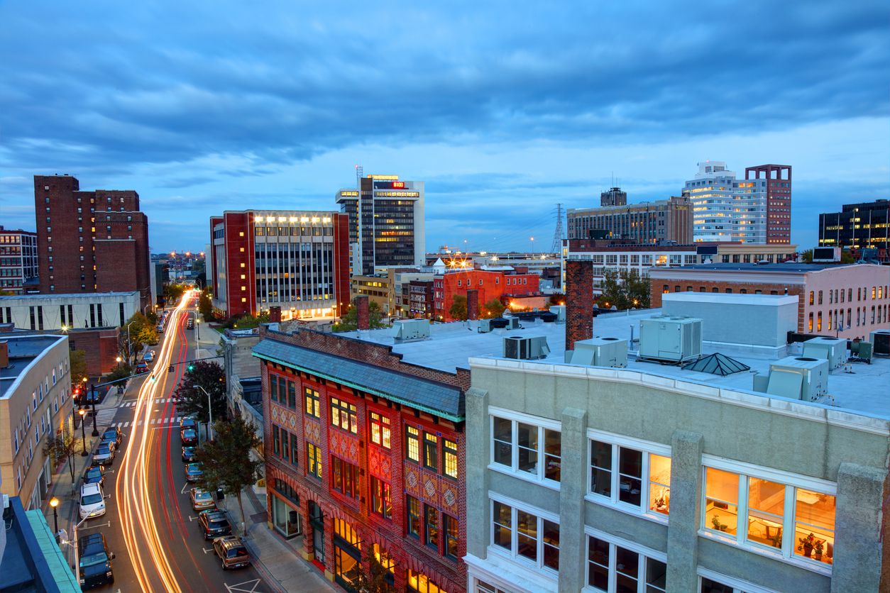 An image of Bridgeport, Connecticut at nighttime.