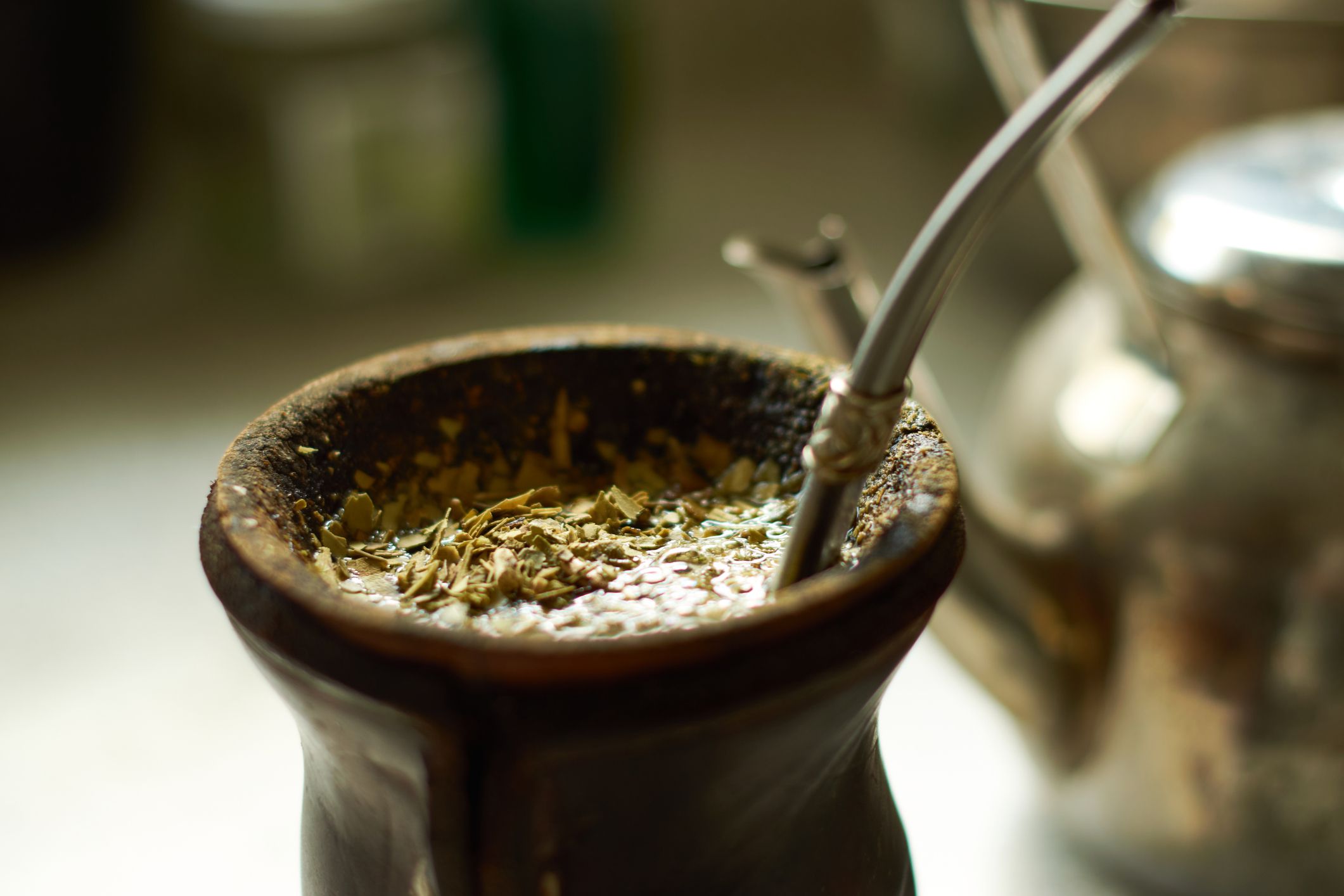Yerba mate in calabash, with natural light.