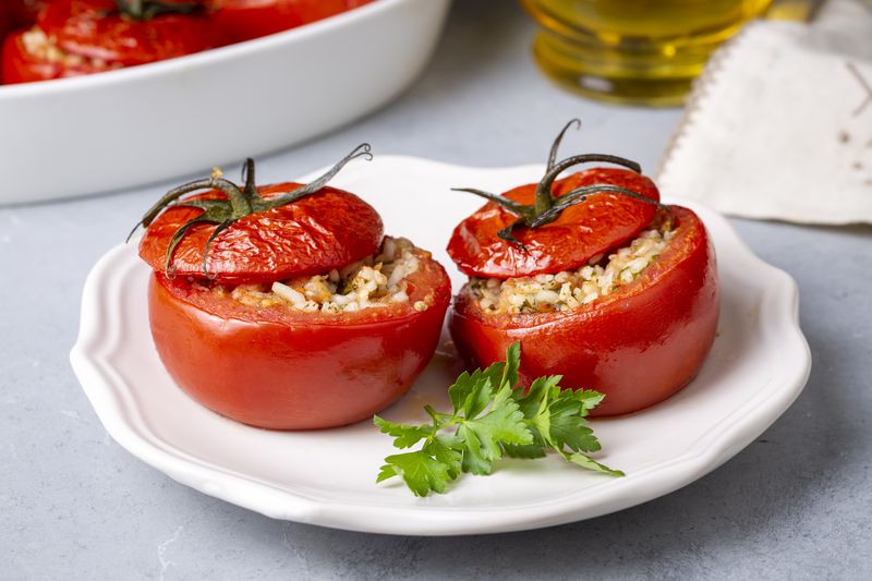 Traditional Turkish food; Stuffed tomatoes with olive oil stuffed with rice. Turkish name; domates dolmasi
