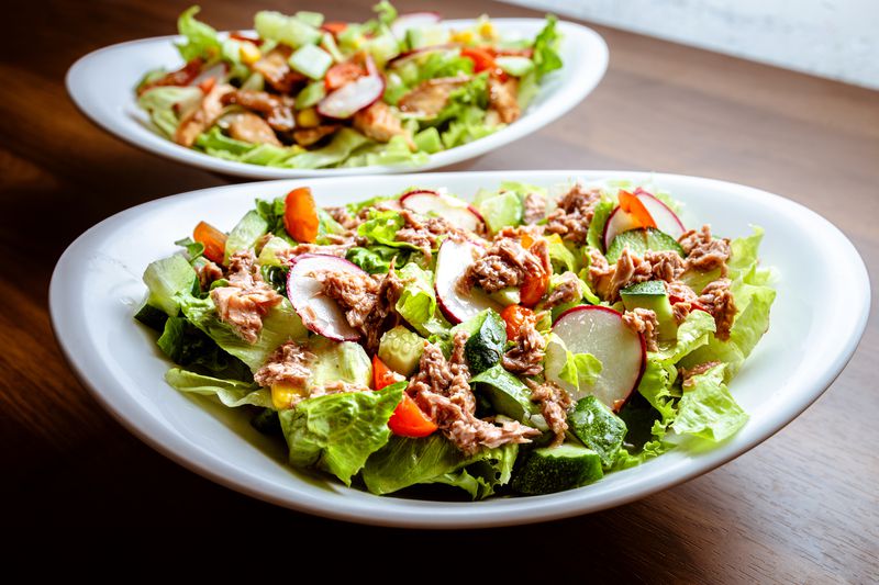 Tuna Salad White Ceramic Bowl High Resolution Stock Photo