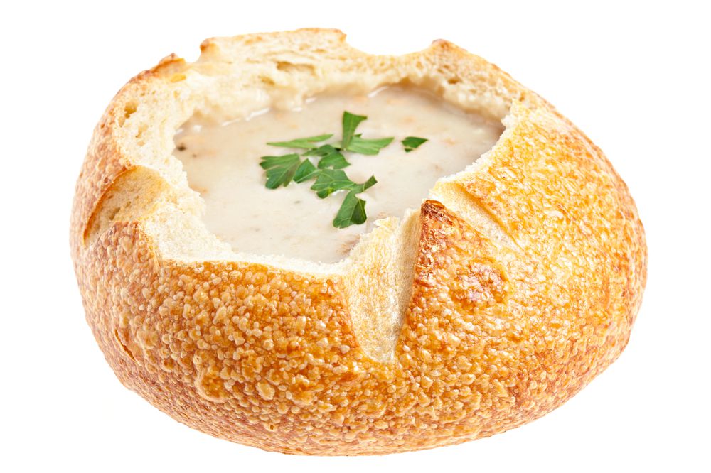 New England Clam Chowder Soup In A Bread Bowl