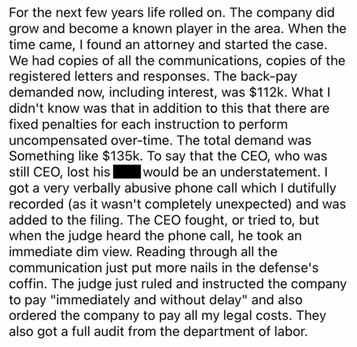Reddit screenshot from disgruntled employee about how their backpay now totals $112K.