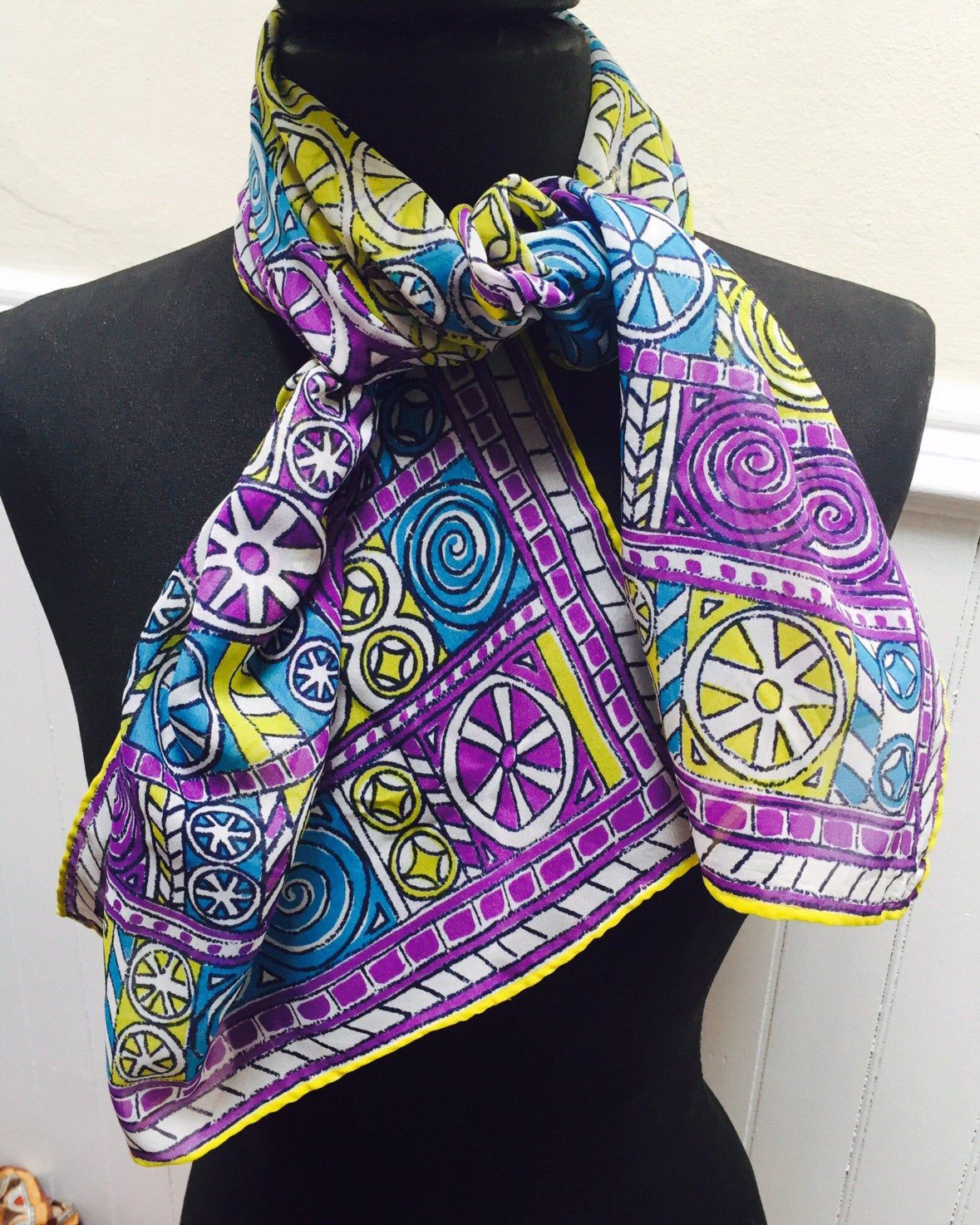 Vintage 1960s Purple, Blue Yellow Geometric Head Scarf/Kerchief by Vera
