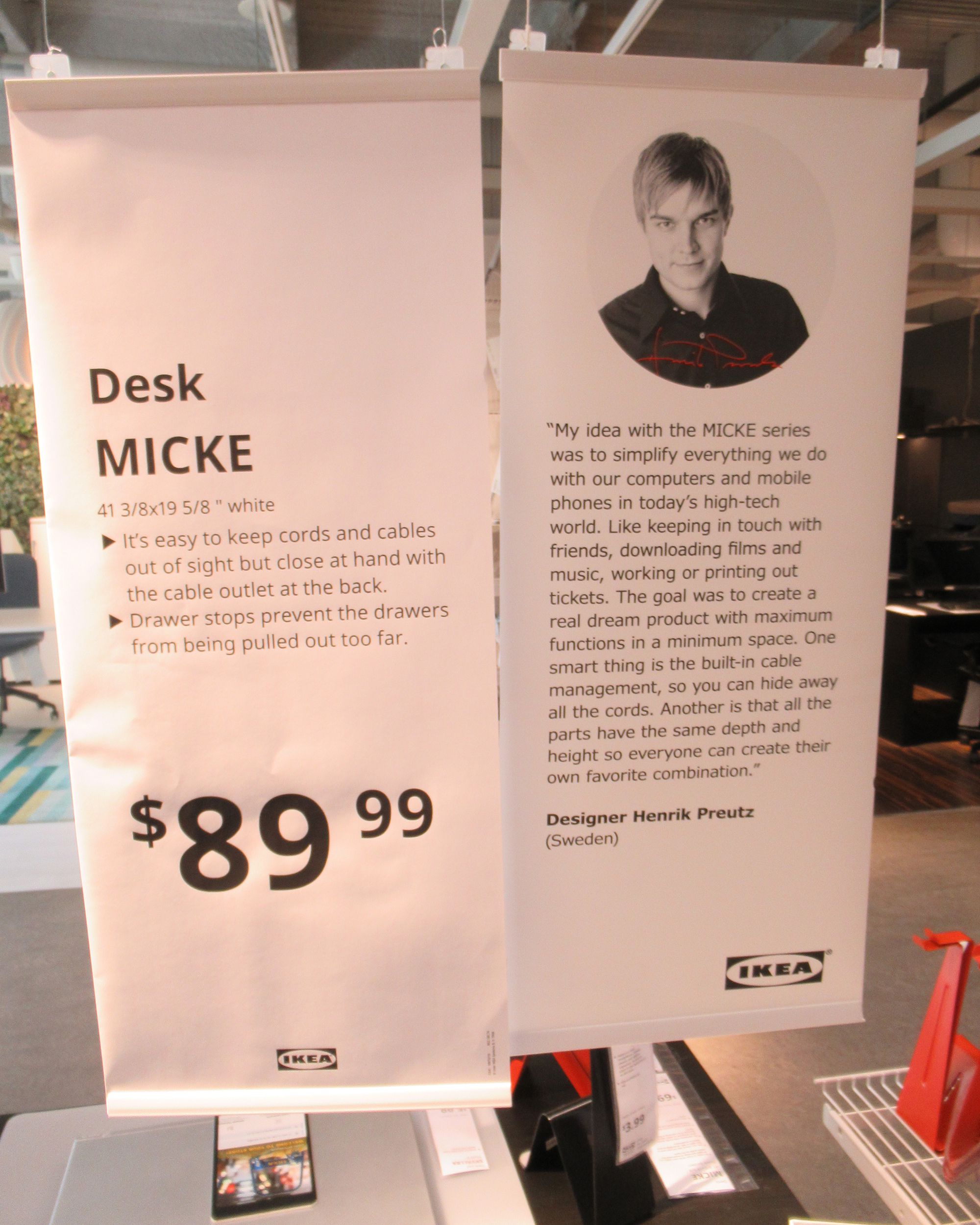 designer blurb hanging over product at Ikea