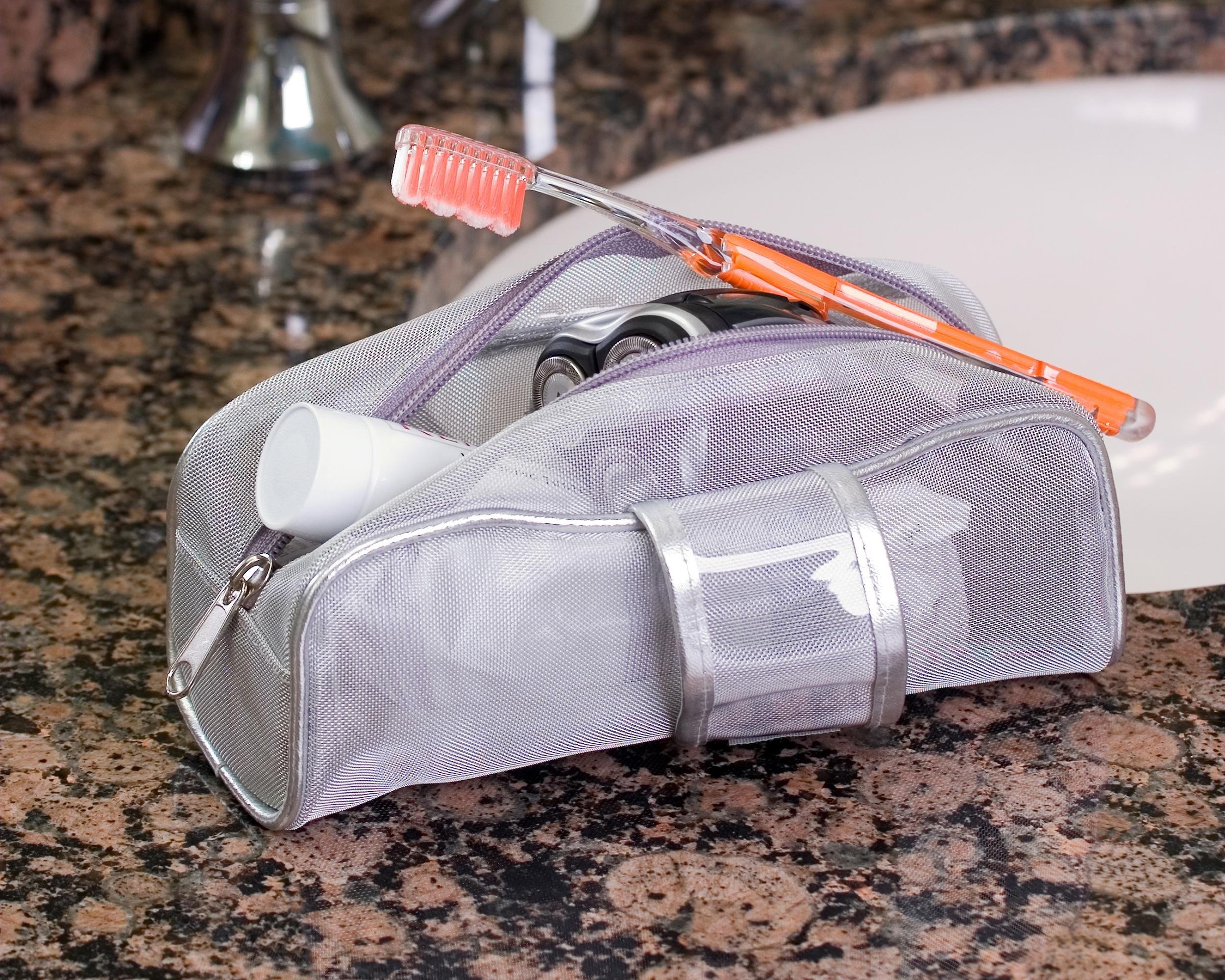 toiletry bag on bathroom counter