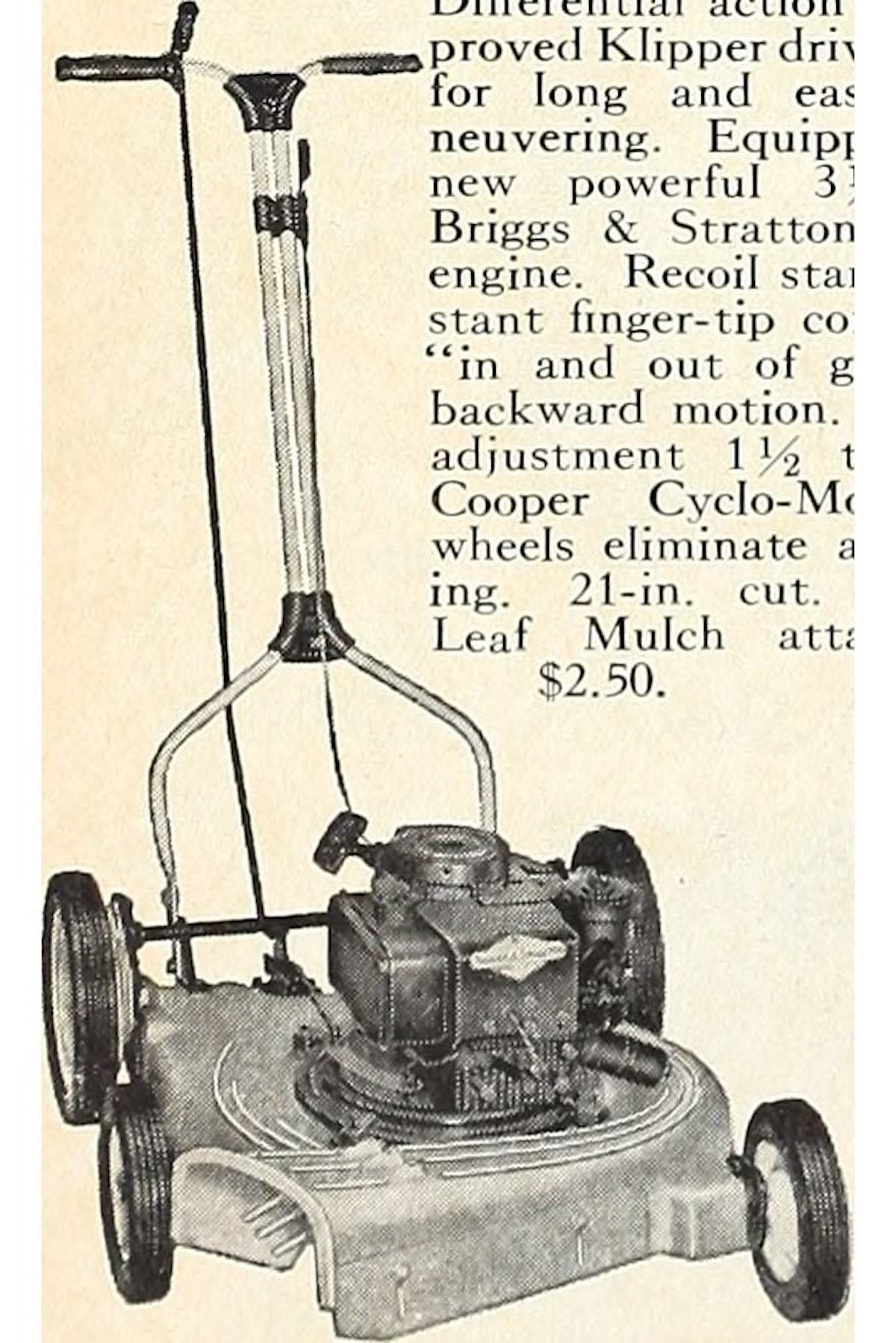 Black and white vintage advertisement image of a walk-behind lawn mower—reminiscent of the practical first Walmart store items—with a metal engine, large wheels, and tall handlebar, set against a background of partially visible text.