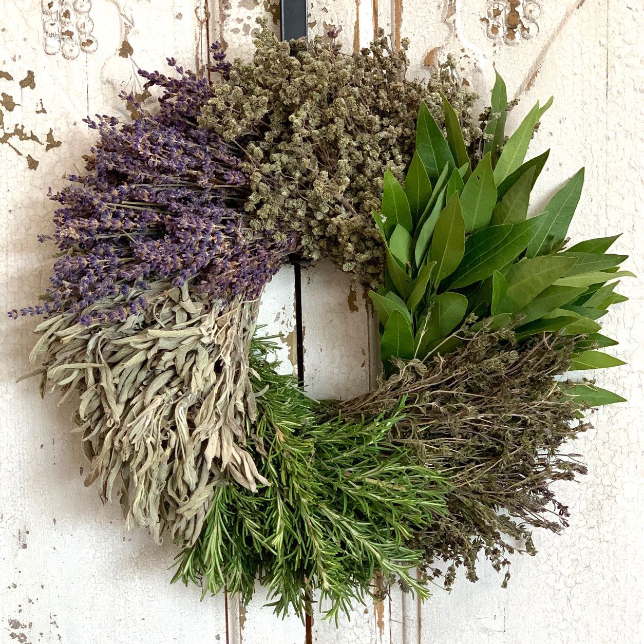 Creekside Farms Kitchen Herb Wreath featuring rosemary, dried dill, oregano, sage, and lavender