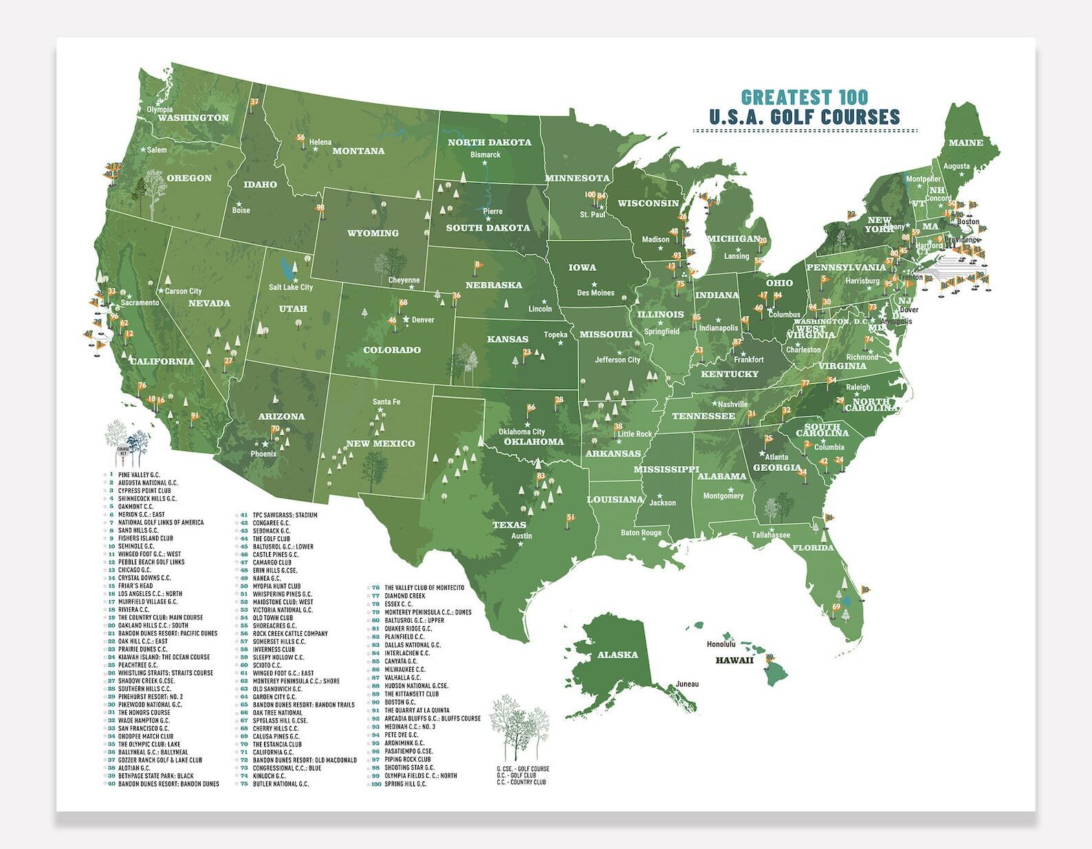 Greatest 100 U.S.A. Golf Courses Map