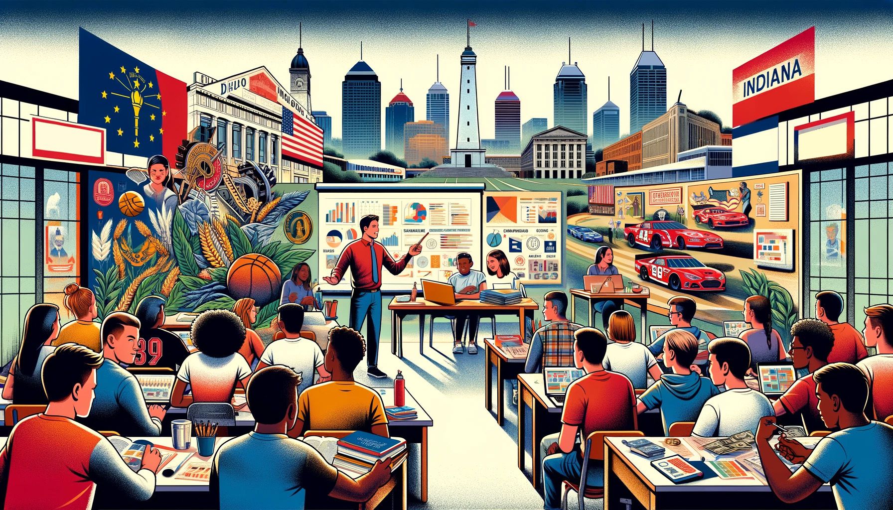 An AI-generated illustration showing the concept of financial literacy in Indiana