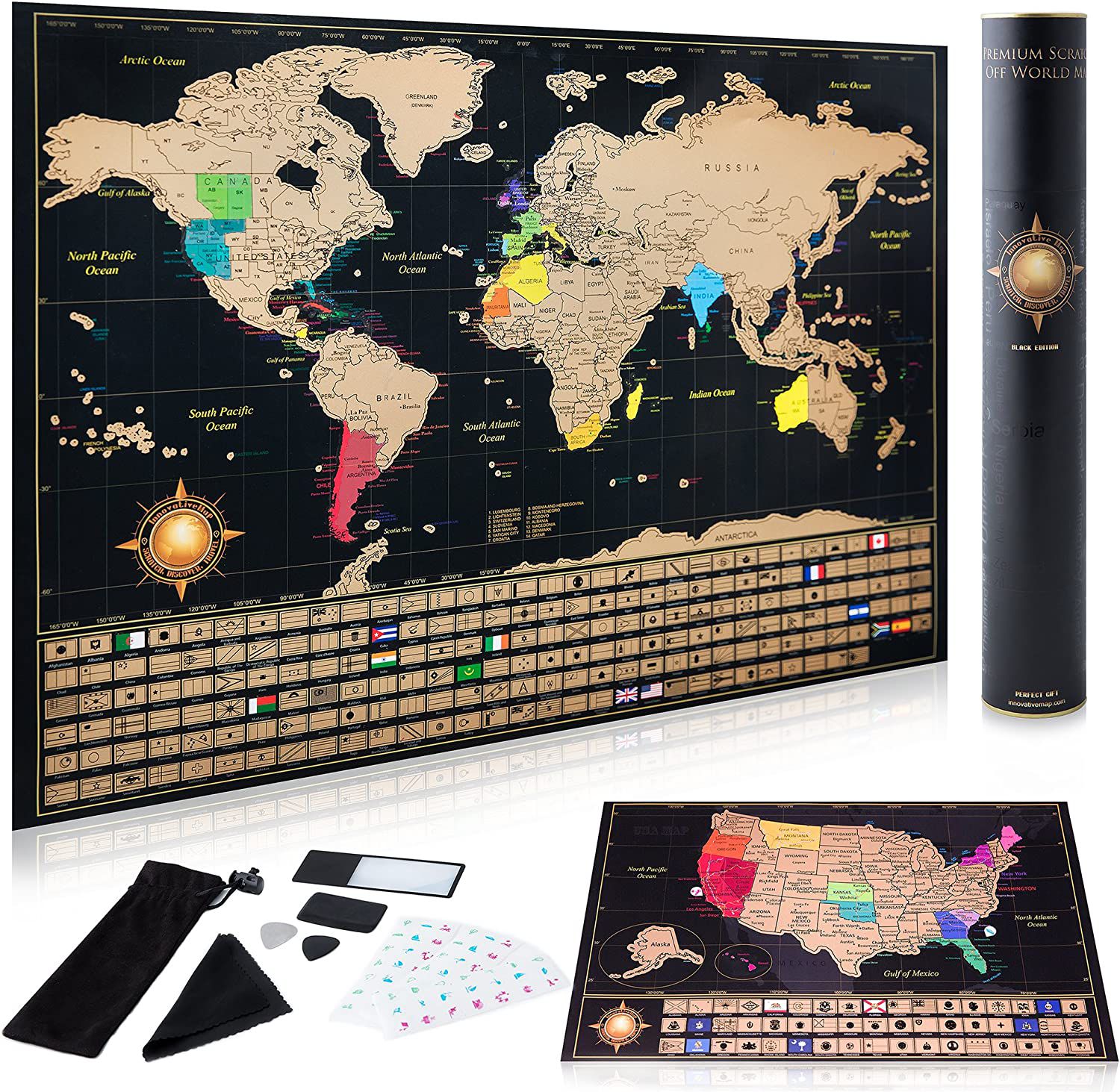 InnovativeMap Scratch-Off World Map Poster and Deluxe United States Map