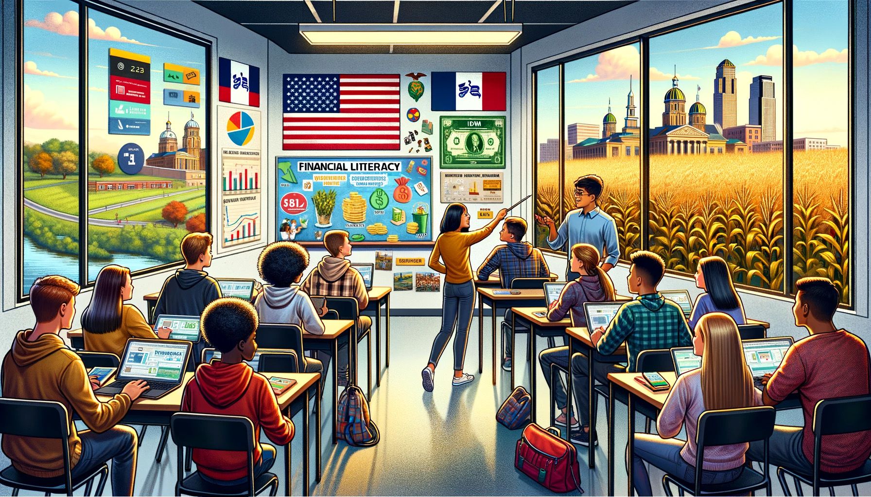 An AI-generated illustration showing the concept of financial literacy in Iowa
