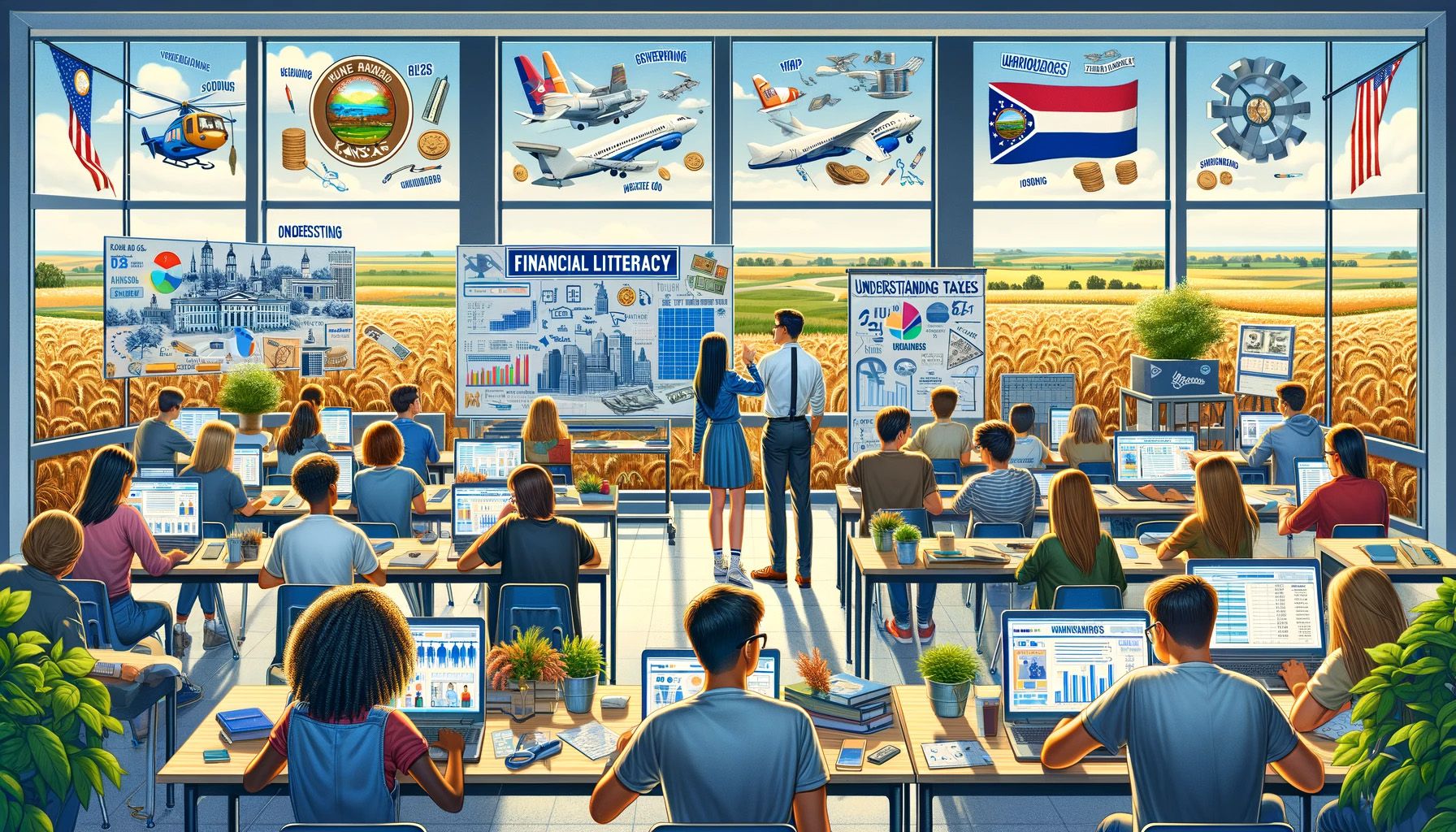 An AI-generated illustration showing the concept of financial literacy in Kansas