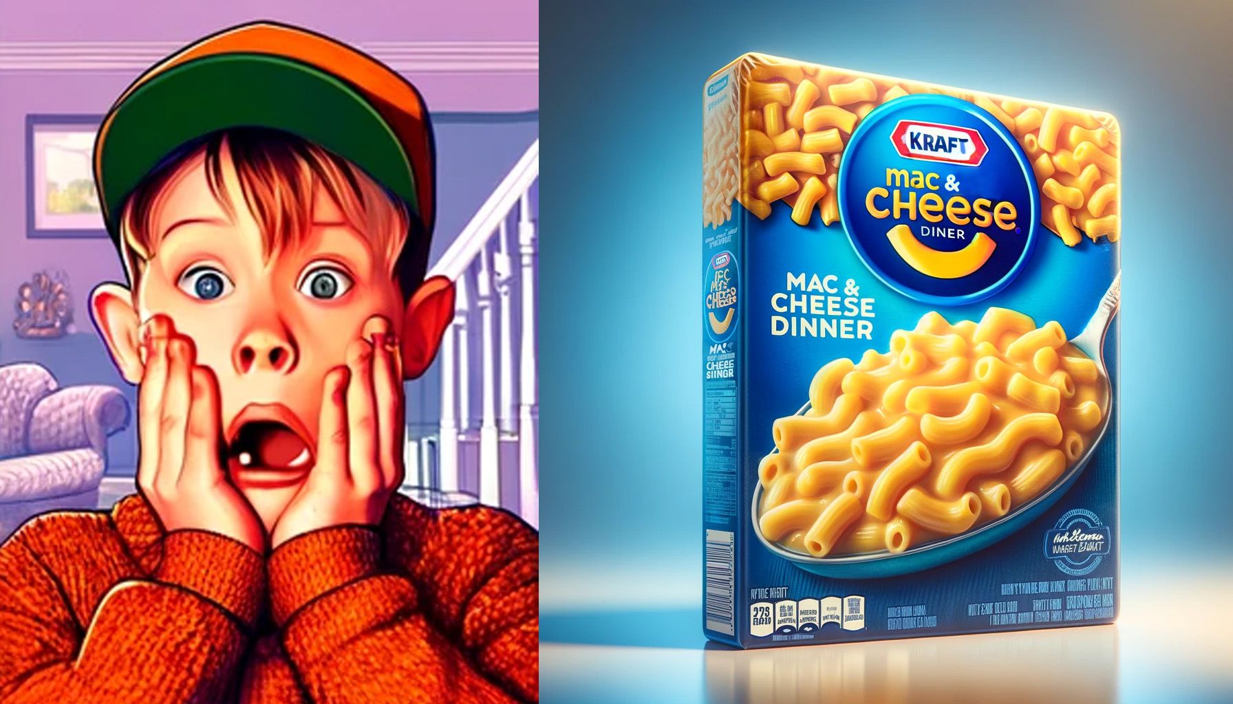 illustration of shocked Kevin McAllister next to a frozen Kraft mac and cheese dinner