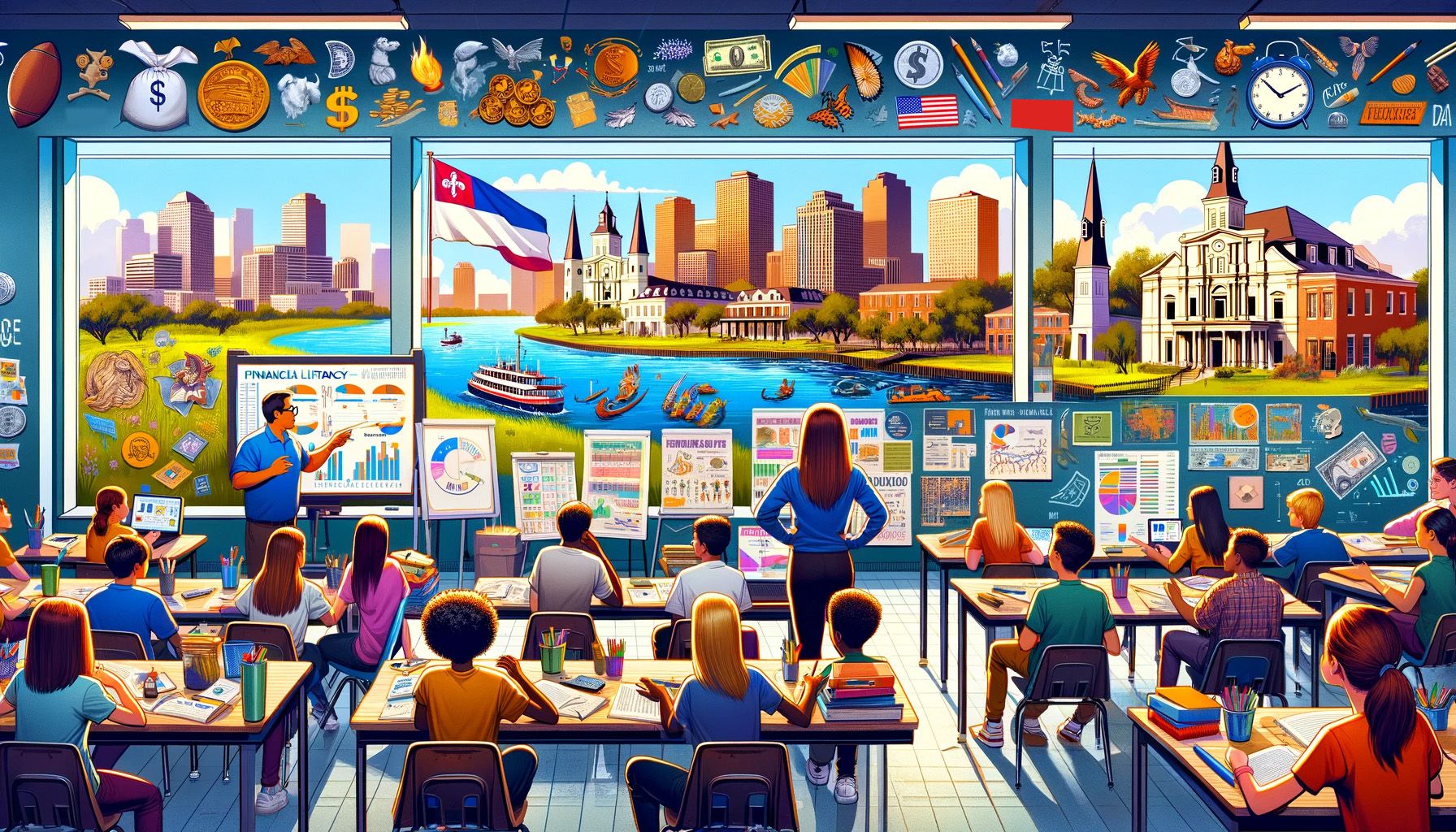 An AI-generated illustration showing the concept of financial literacy in Louisiana