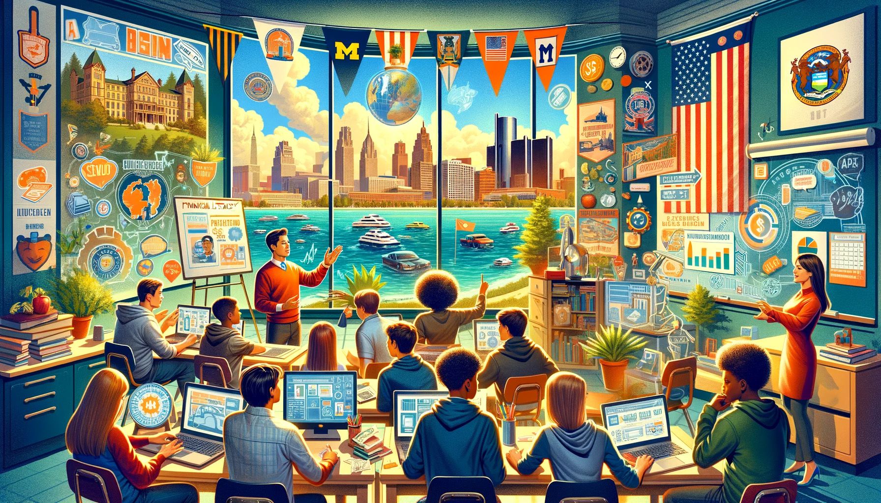 An AI-generated illustration showing the concept of financial literacy in Michigan