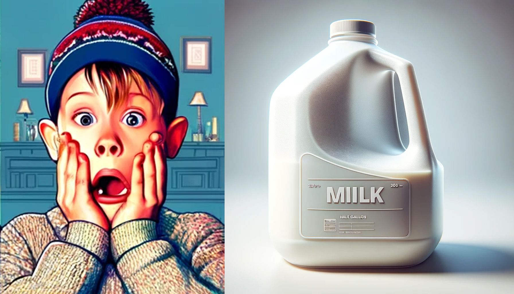illustration of shocked Kevin McAllister next to a gallon of milk
