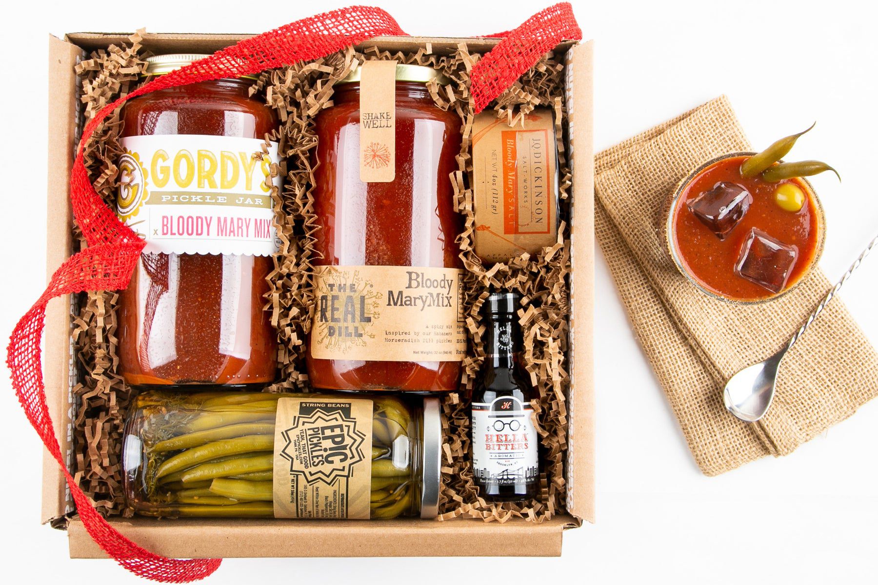 Mouth Bloody Mary Cocktail Kit packaged in a nice box with red ribbon