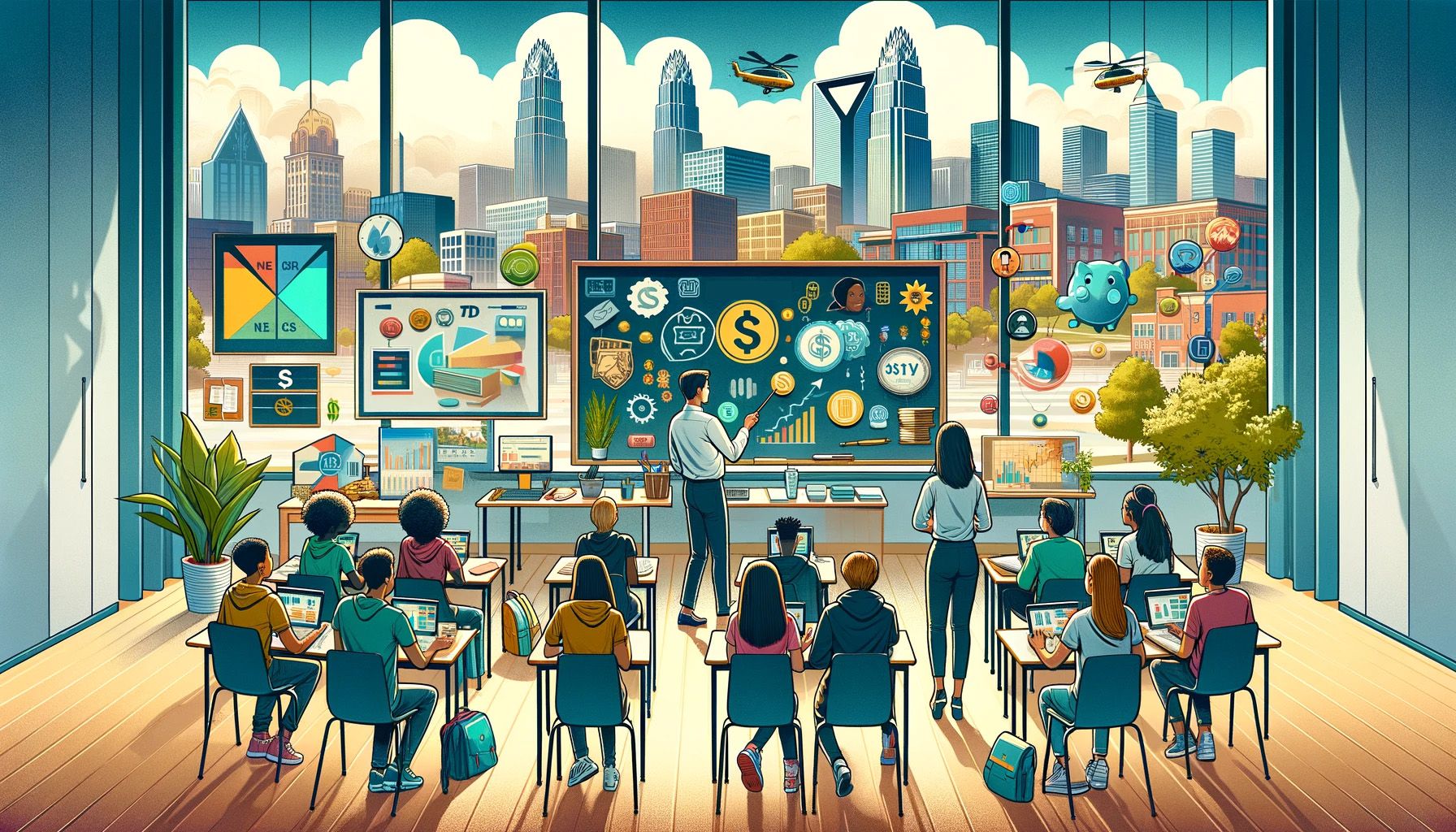 An AI-generated illustration showing the concept of financial literacy in North Carolina
