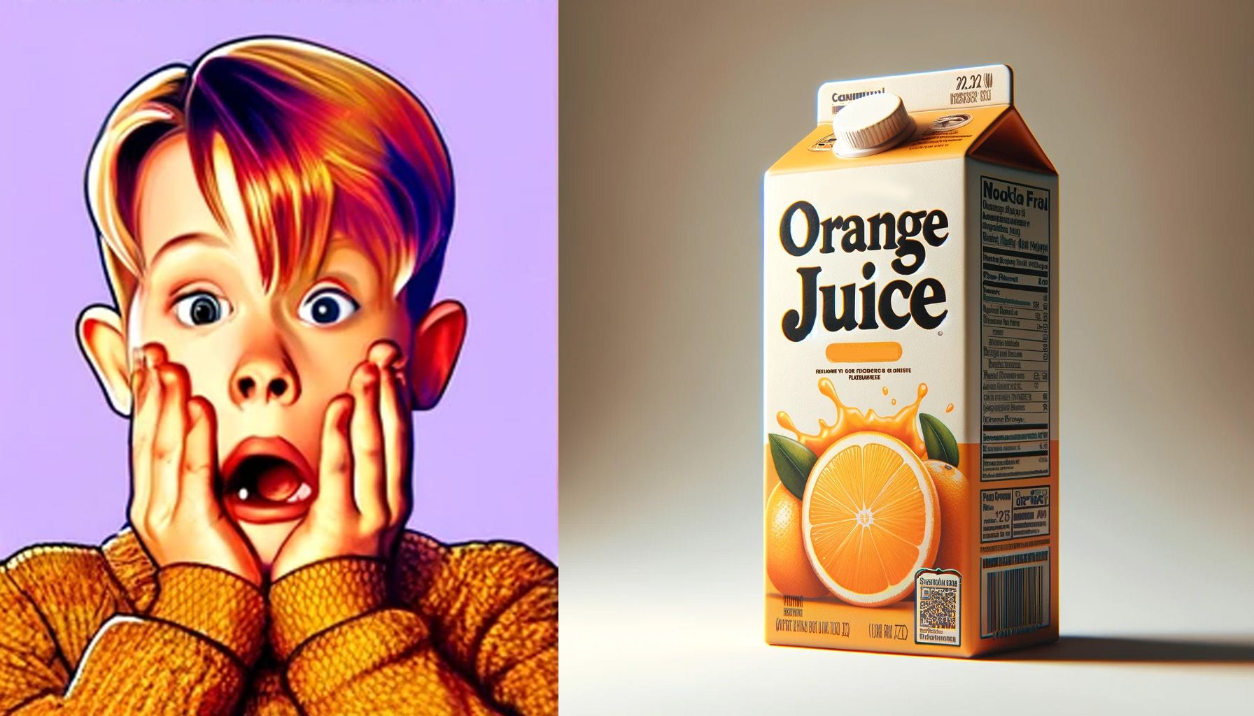 illustration of shocked Kevin McAllister next to a carton of orange juice