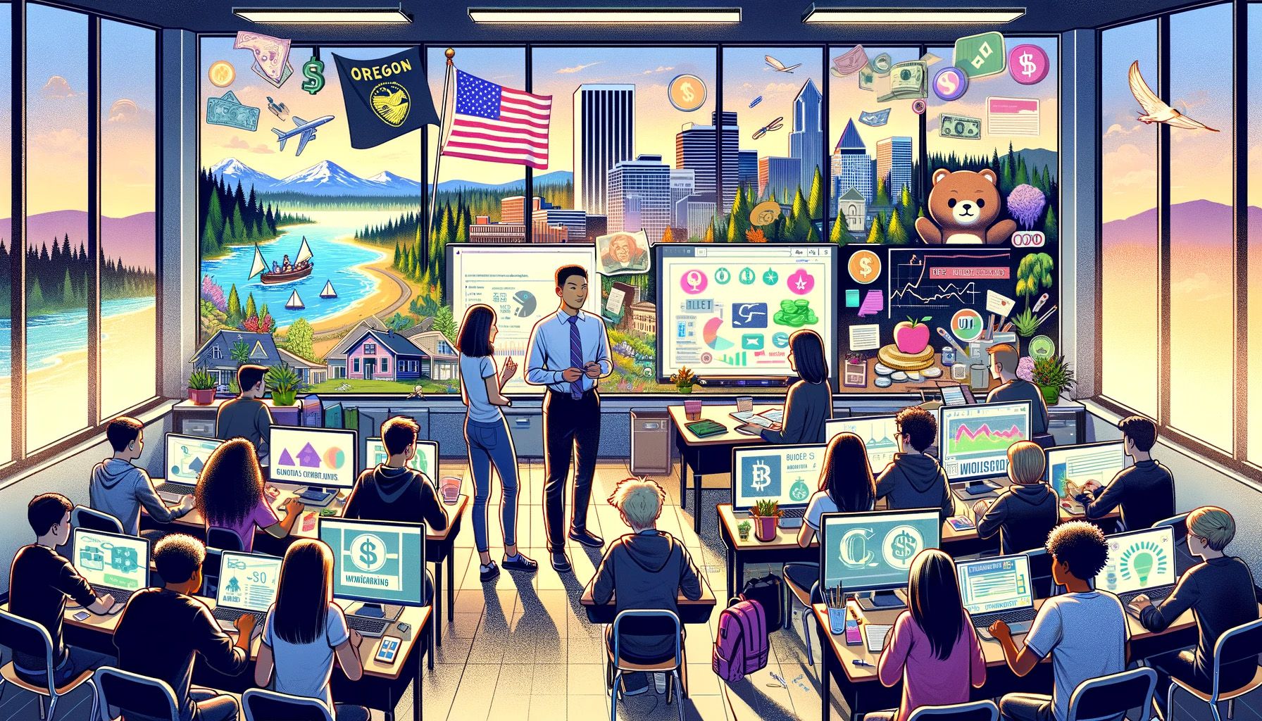 An AI-generated illustration showing the concept of financial literacy in Oregon