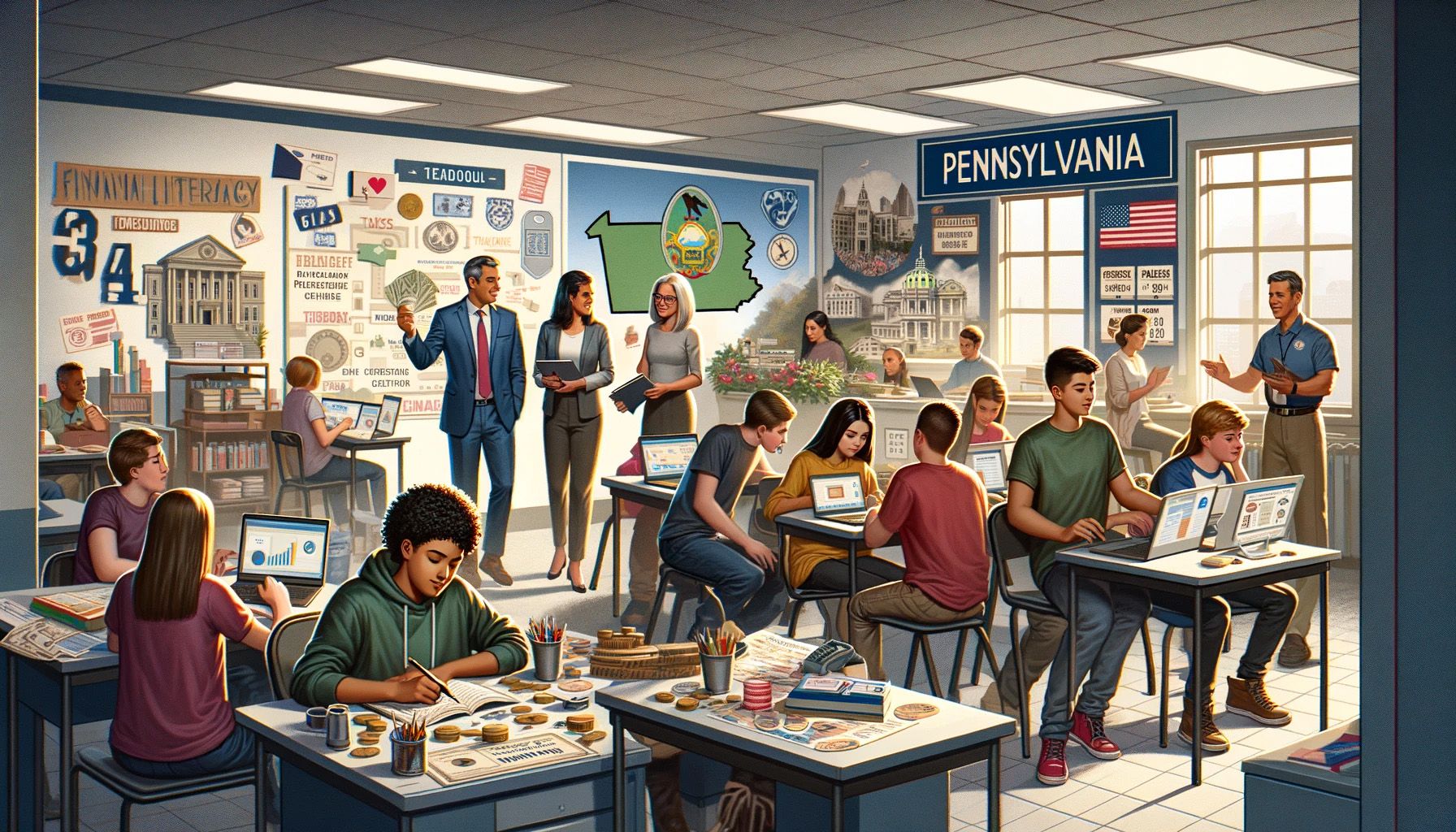 An AI-generated illustration showing the concept of financial literacy in Pennsylvania