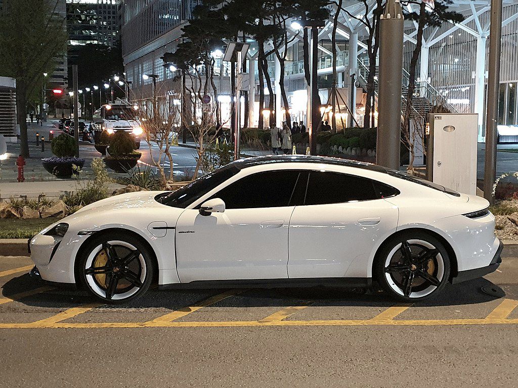 White Porsche Taycan Turbo S Electric sedan