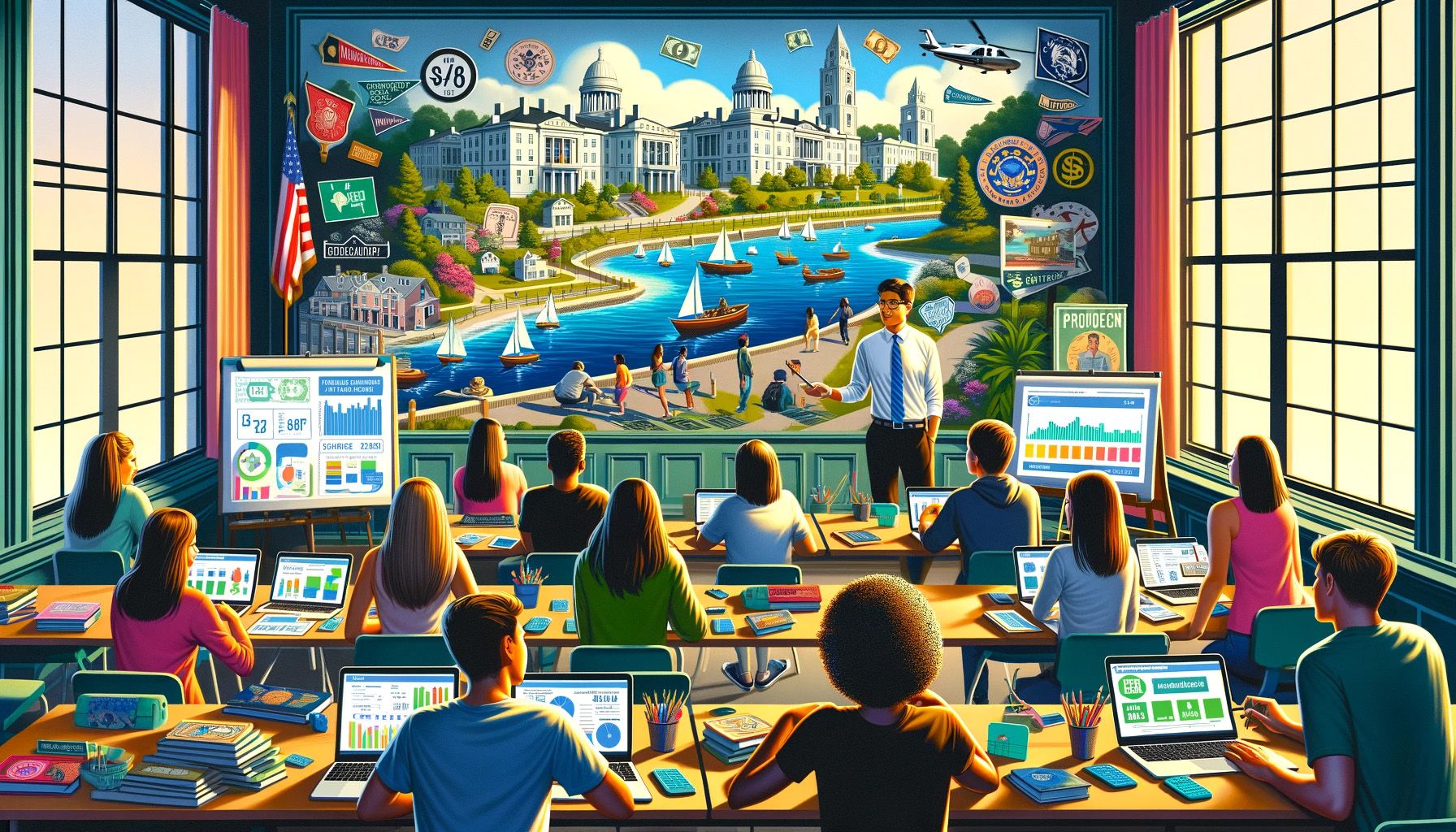 An AI-generated illustration showing the concept of financial literacy in Rhode Island
