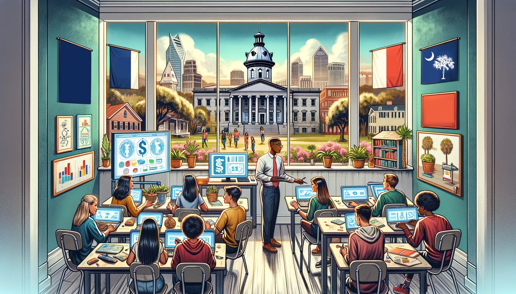 An AI-generated illustration showing the concept of financial literacy in South Carolina