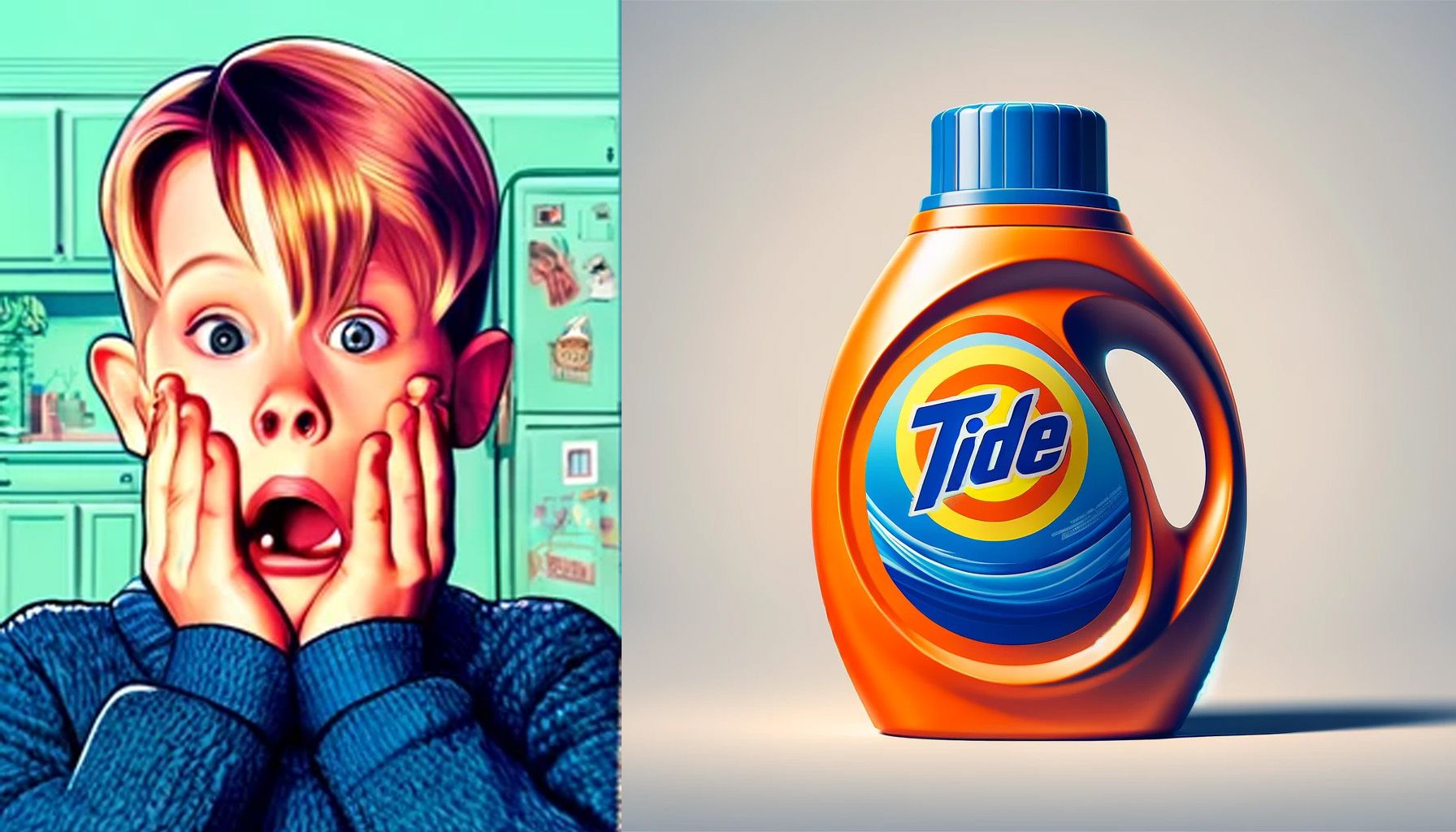 illustration of shocked Kevin McAllister next to a bottle of Tide laundry detergent