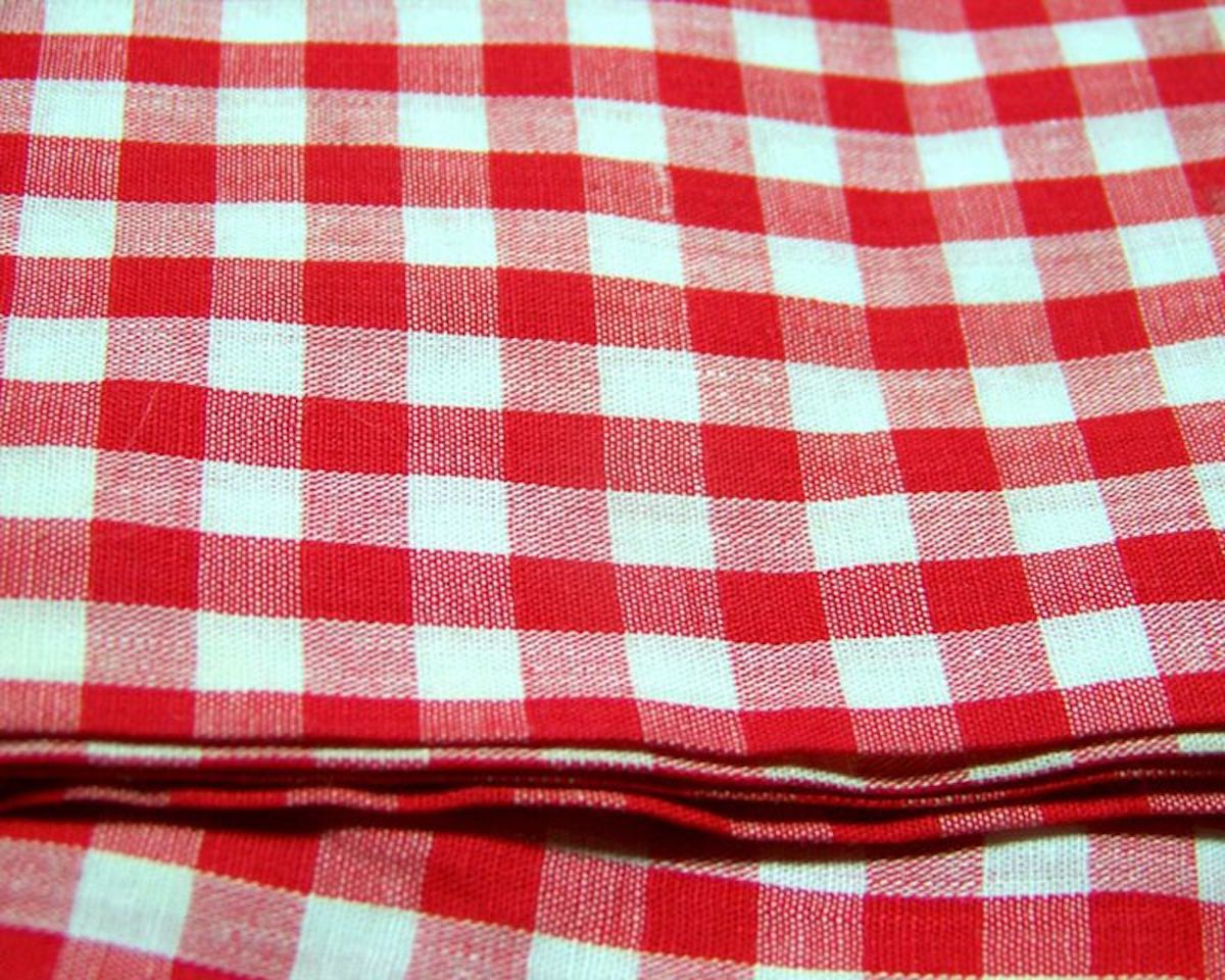 A close-up view of folded fabric with a red and white checkered pattern, reminiscent of the classic tablecloths and napkins among the first Walmart store items.