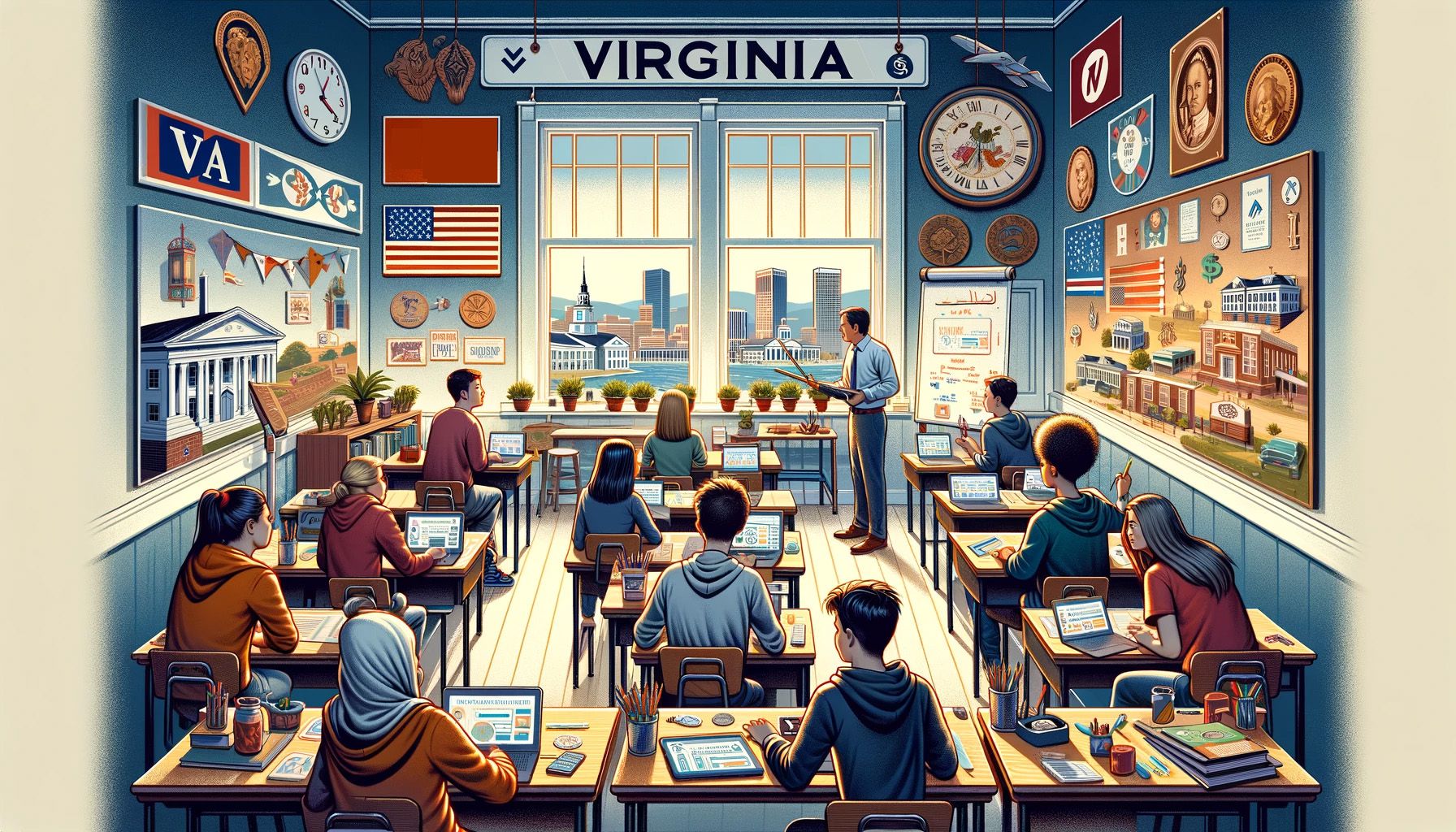 An AI-generated illustration showing the concept of financial literacy in Virginia
