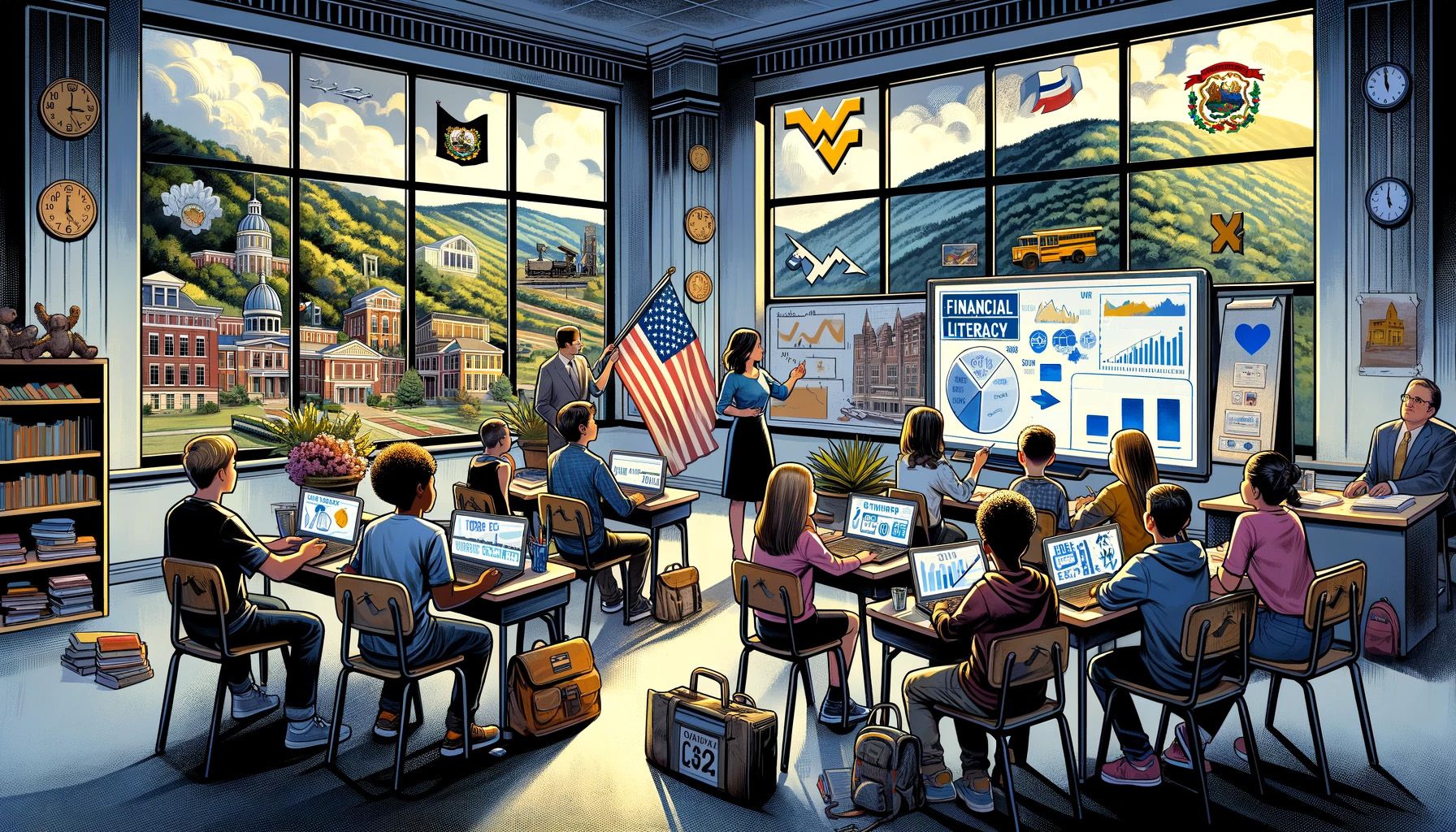 An AI-generated illustration showing the concept of financial literacy in West Virginia