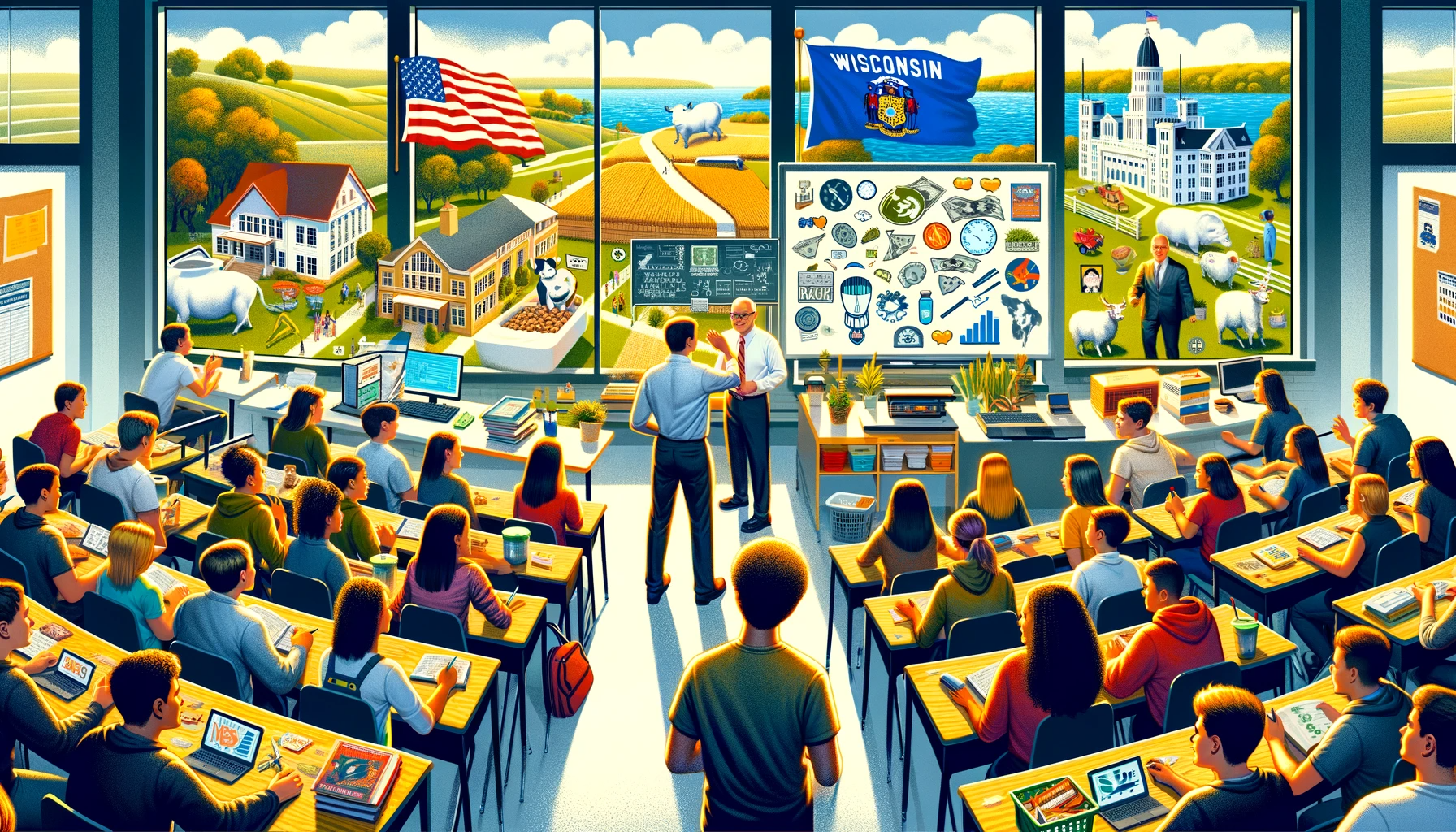 An AI-generated illustration showing the concept of financial literacy education in Wisconsin.