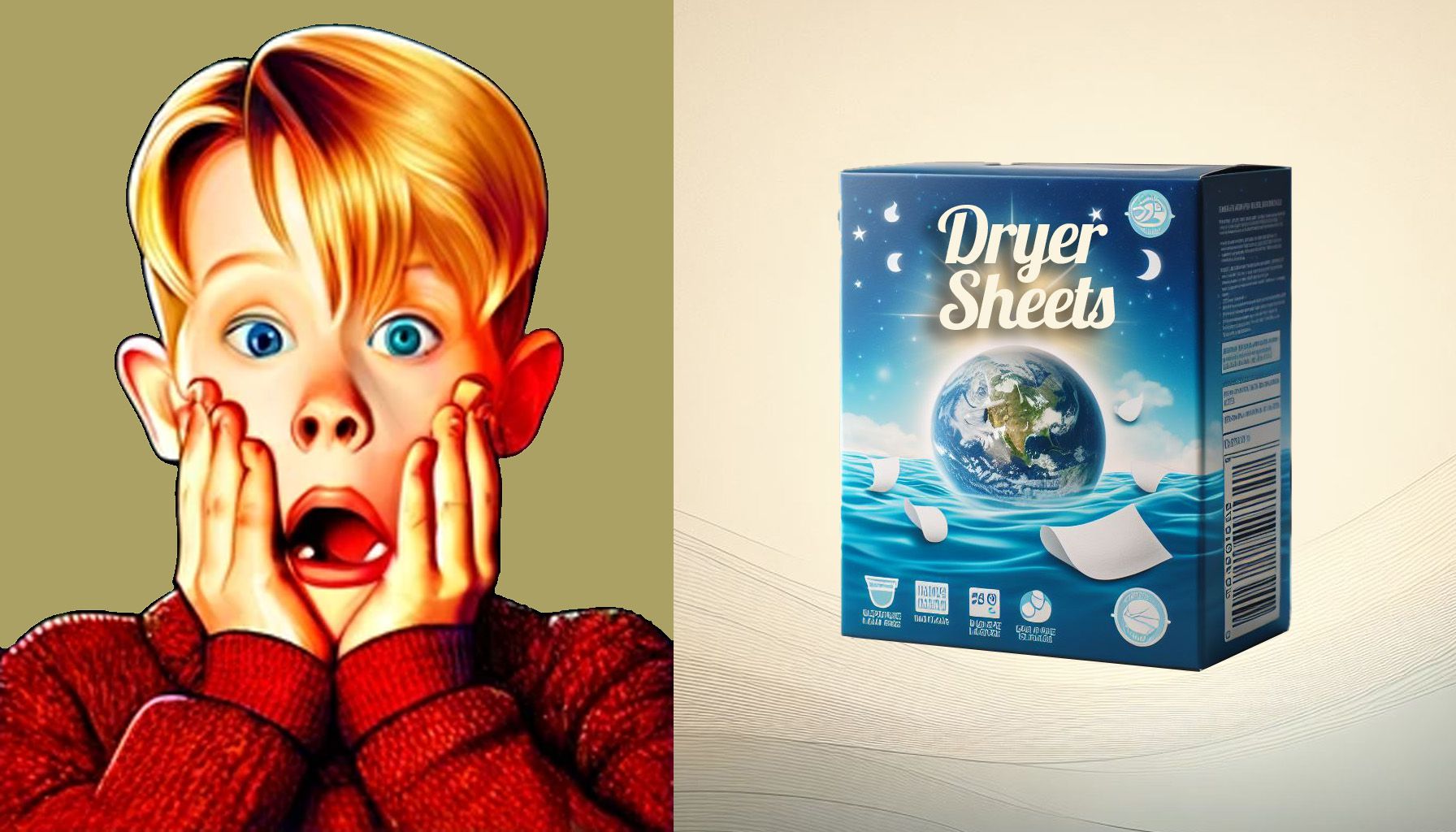 illustration of shocked Kevin McAllister next to a box of dryer sheets