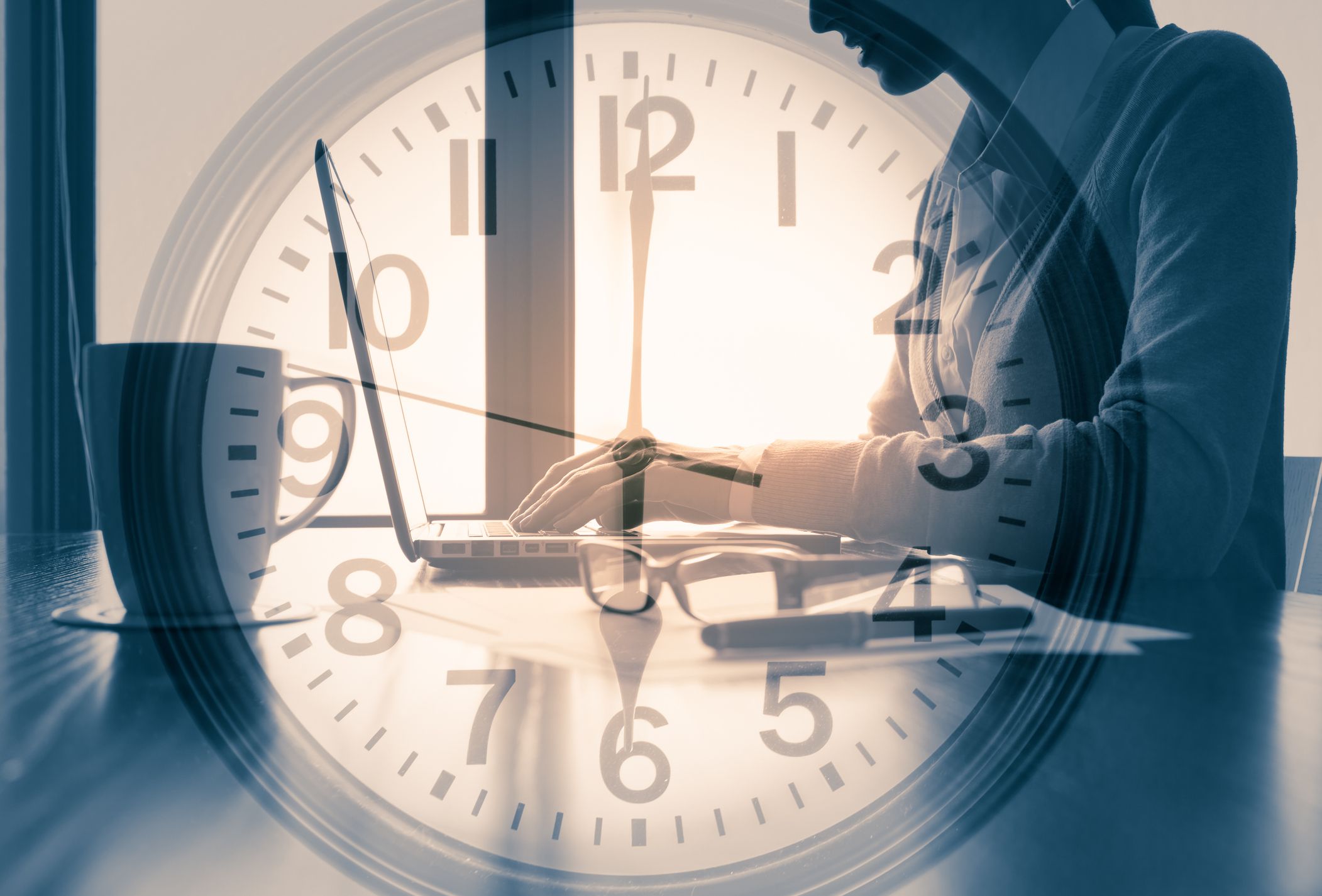 Person working in office around the clock concept.
