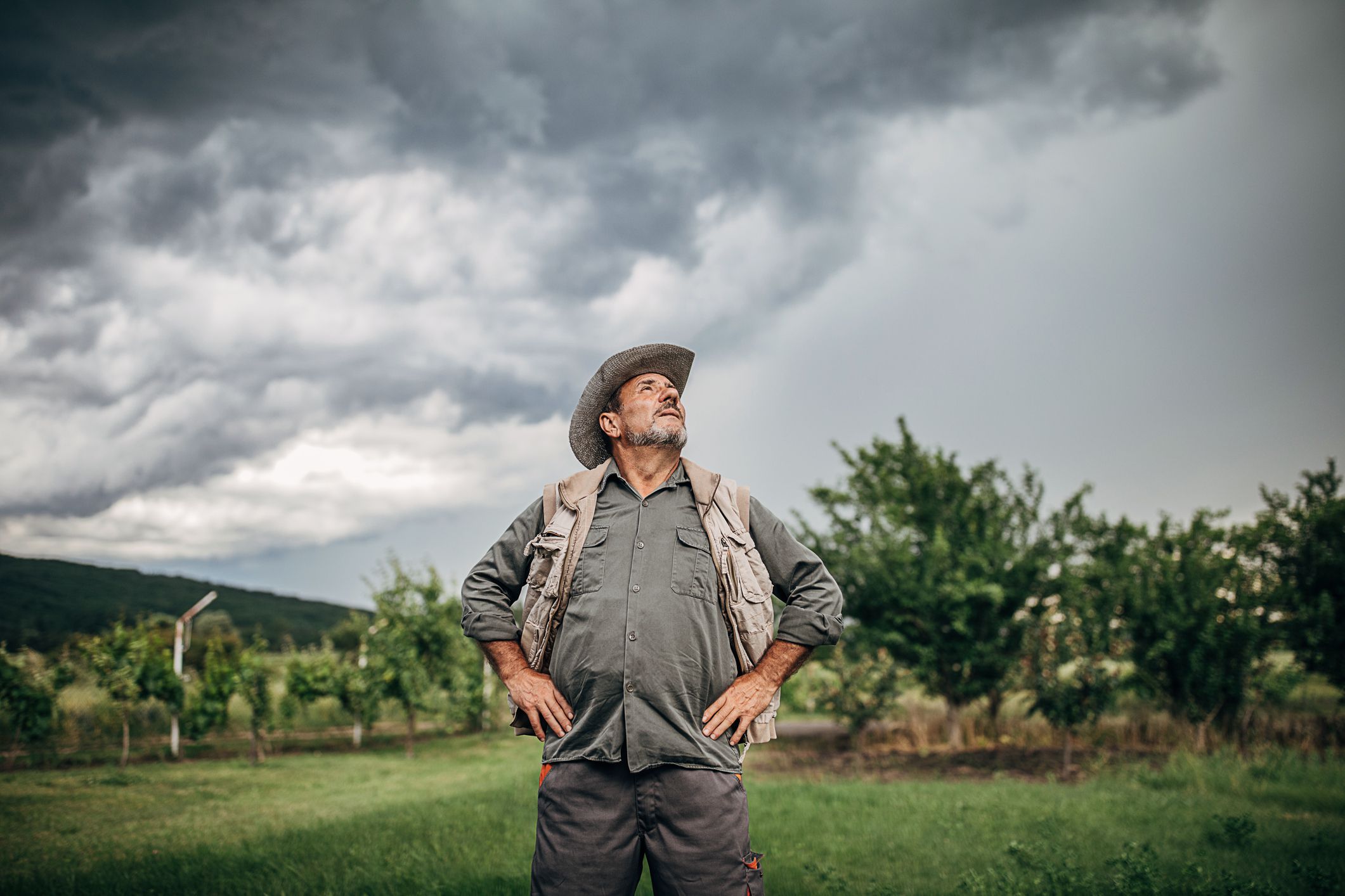 One senior farmer standing in the field with and hoping that it will rain.