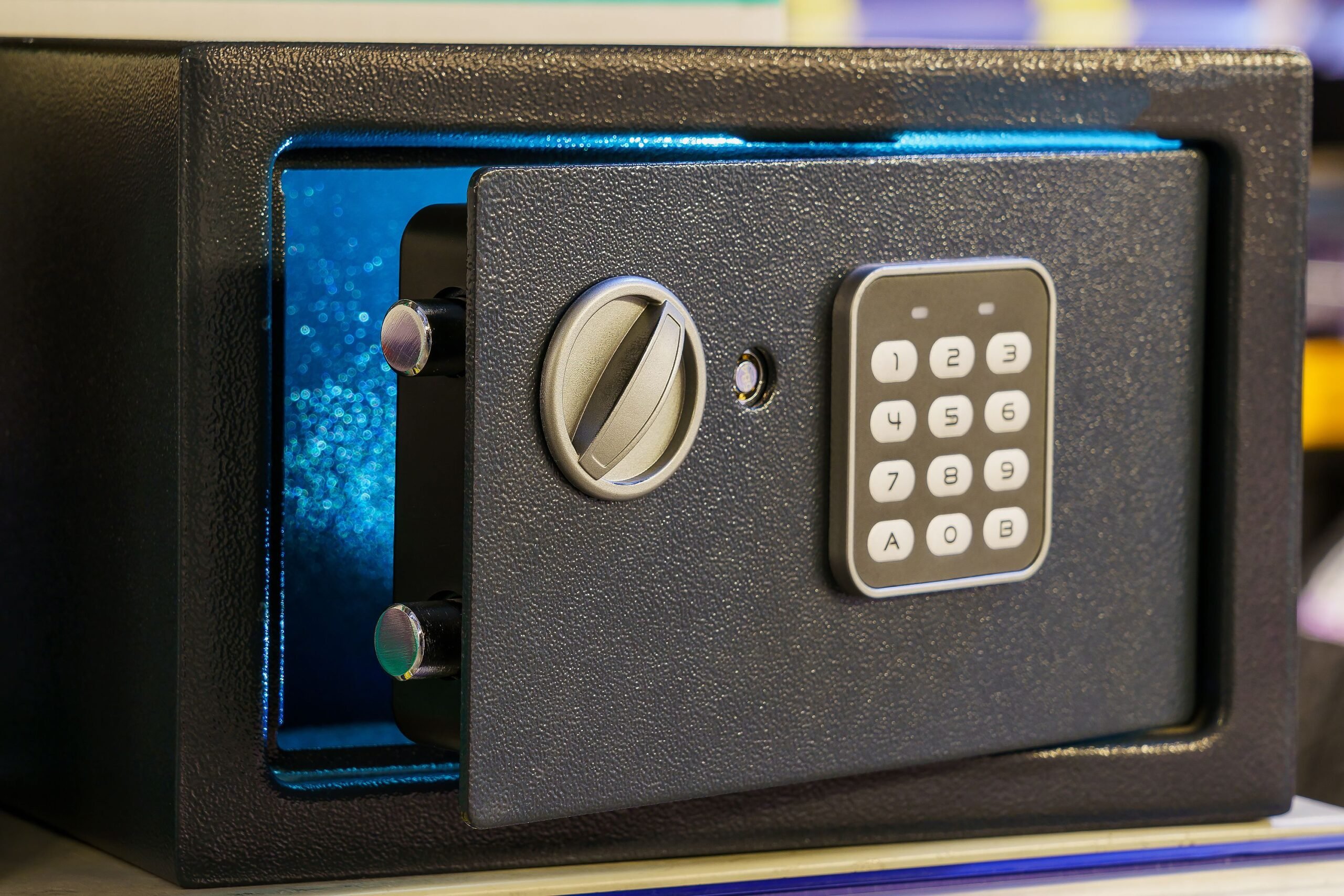 Safe for storing valuables or firearms. Background with copy space for text or lettering.