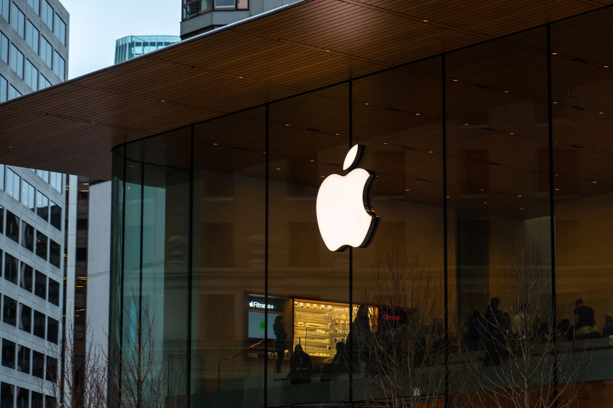 Vancouver, CANADA - Jan 31 2023 : The Store Sign of Apple Store, a chain of retail stores owned and operated by Apple Inc, at Vancouver Downtown.