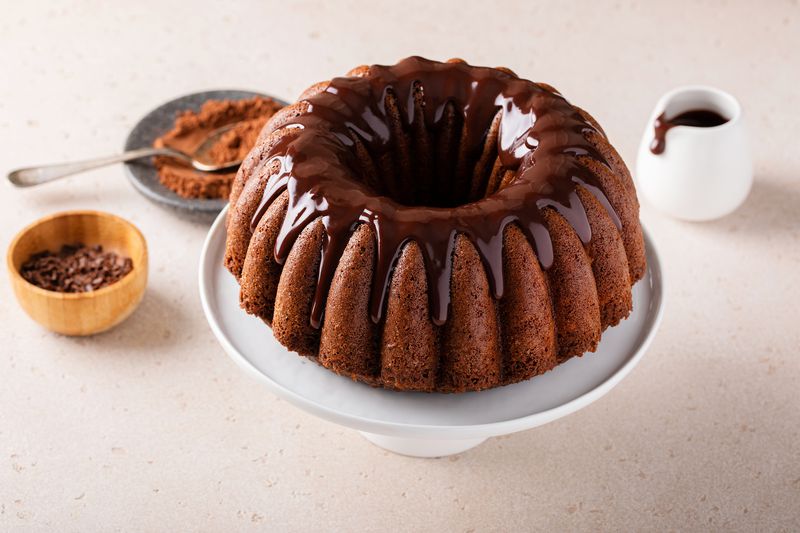 Chocolate marble bundt cake with chocolate glaze drizzled on top
