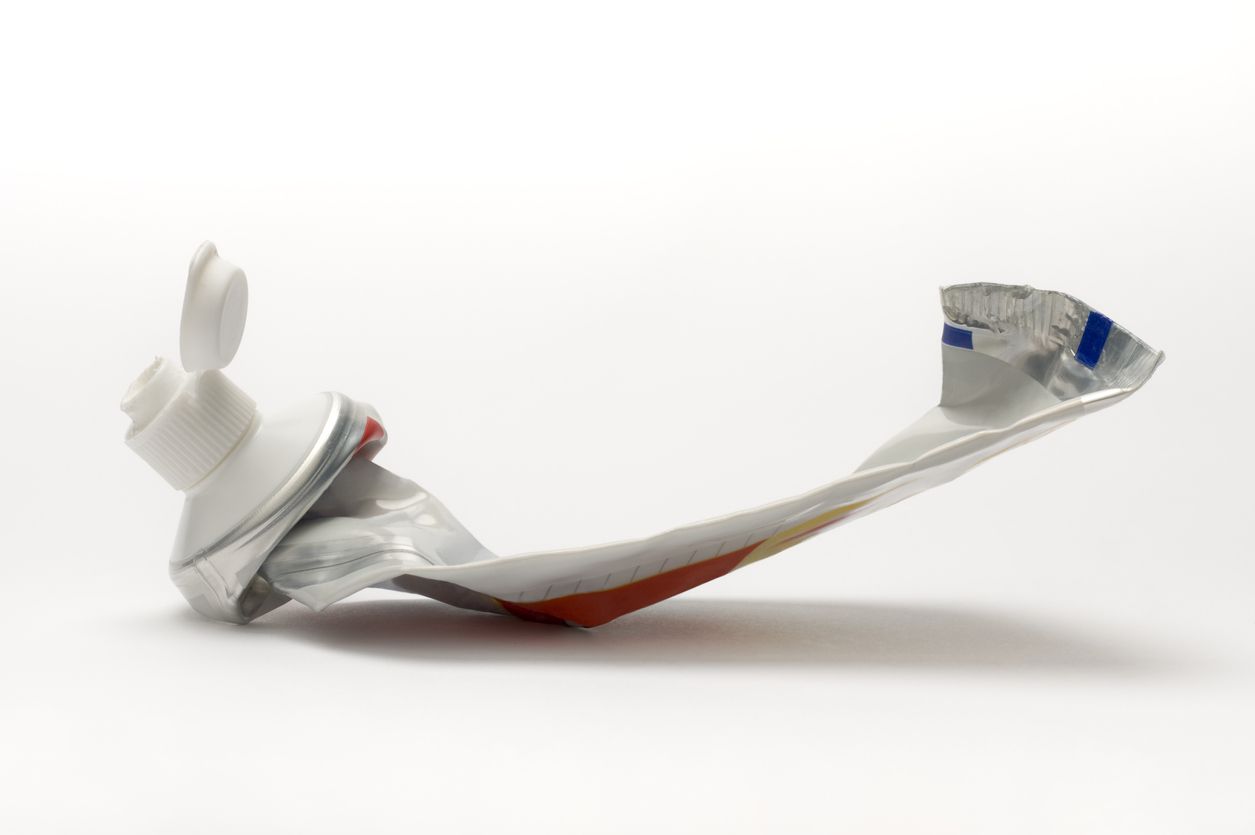 A tube of toothpaste on a white background.