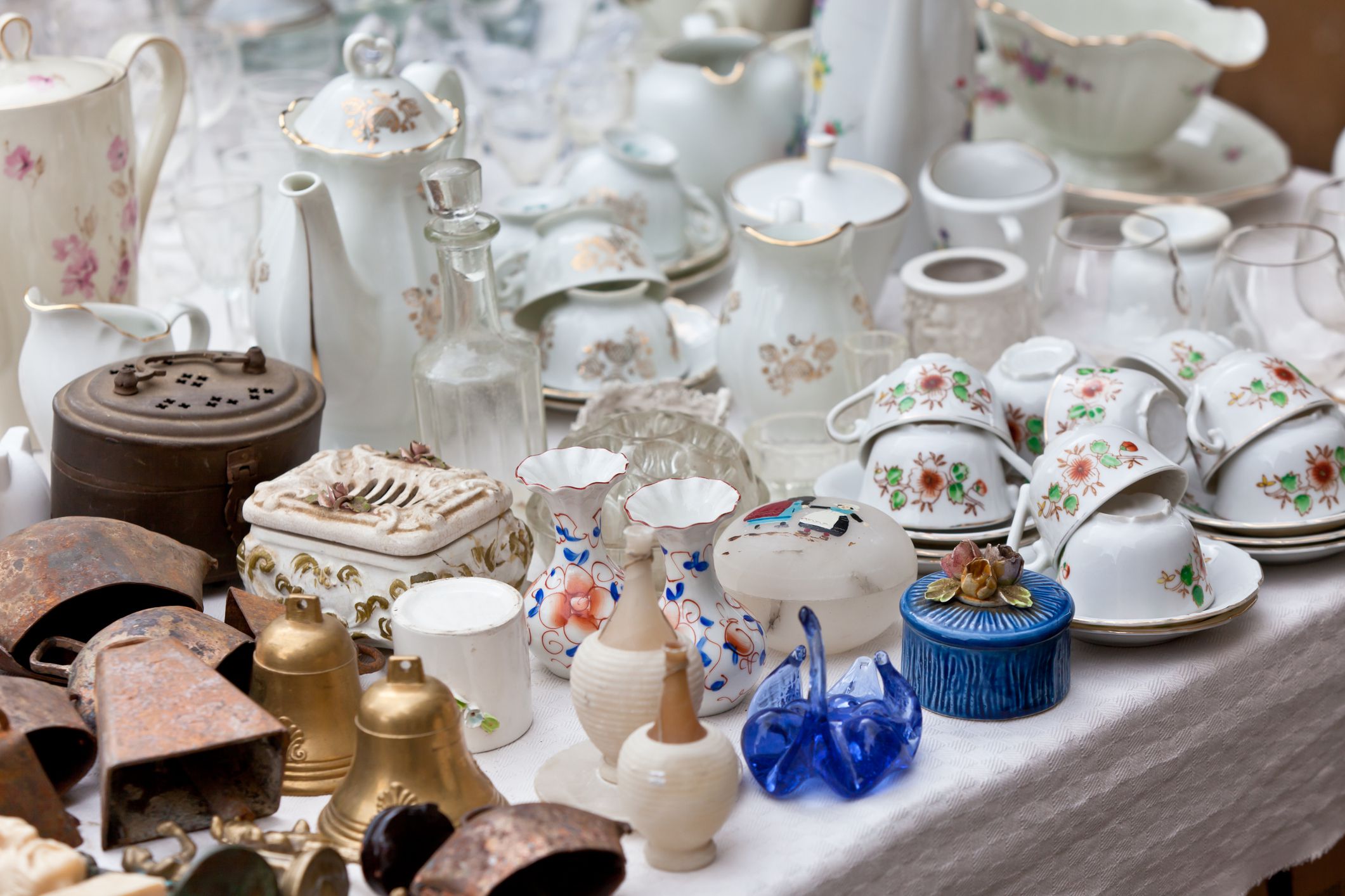 Antique porcelain at a flea market. Horizontal shot