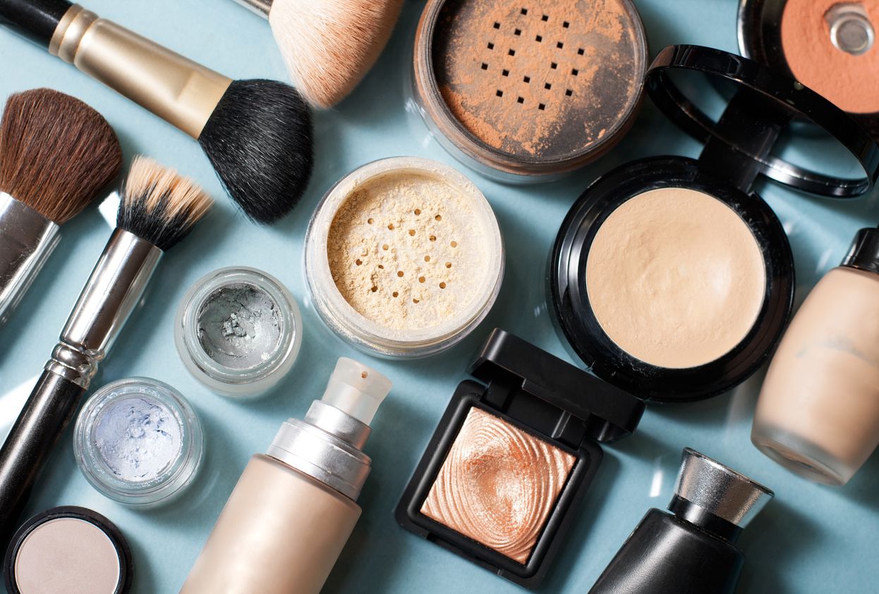 A close-up image of a makeup collection.