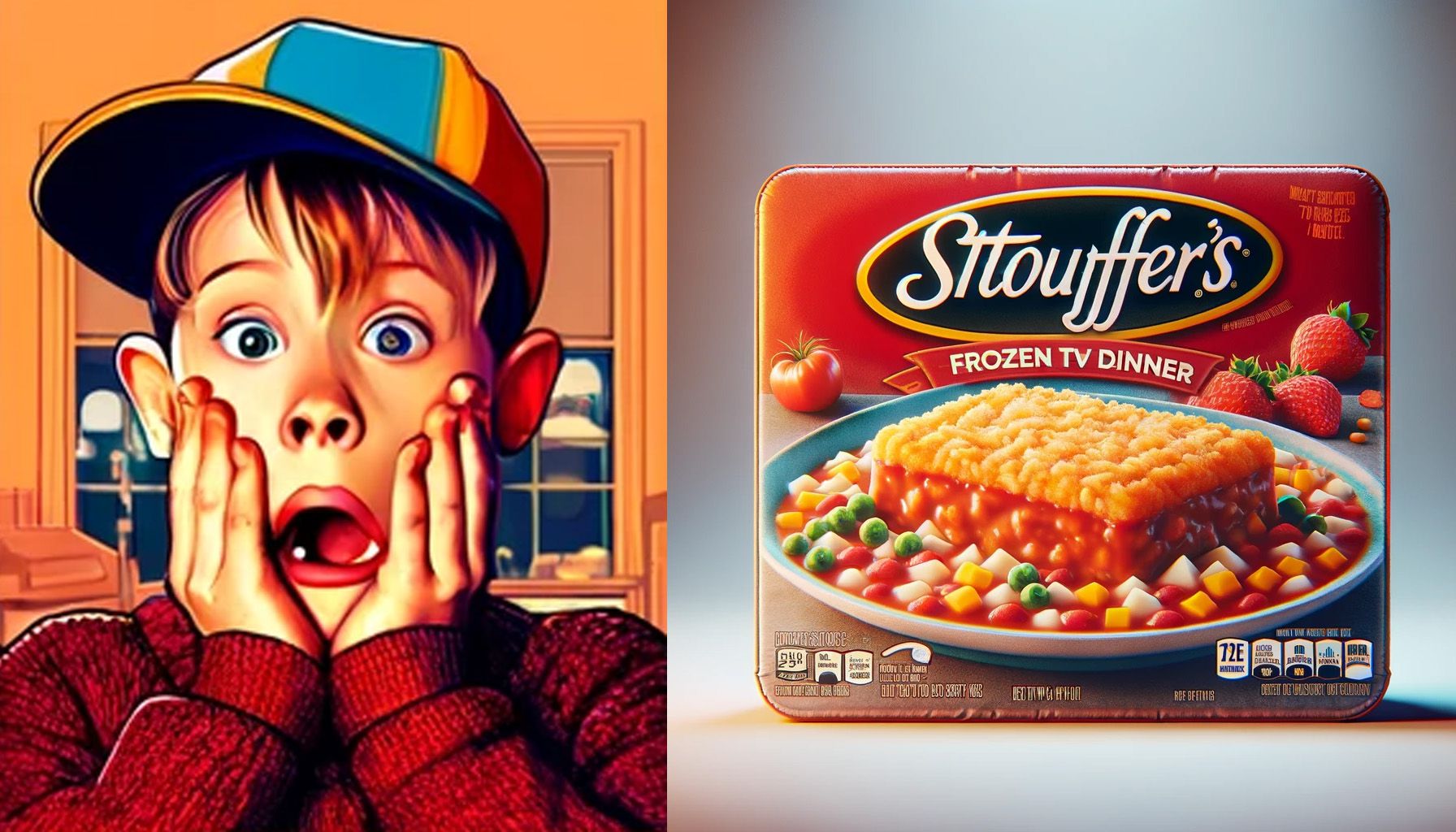 illustration of shocked Kevin McAllister next to a frozen TV dinner