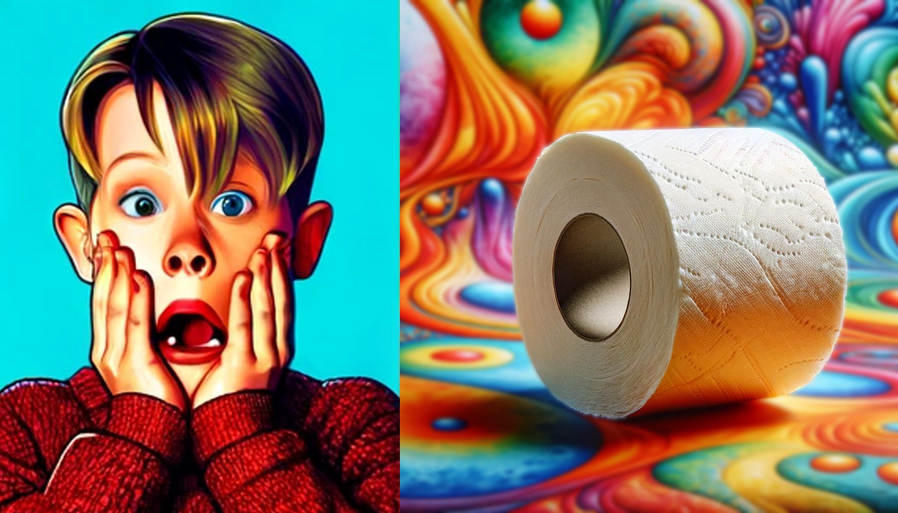 illustration of shocked Kevin McAllister next to a roll of toilet paper against a tie-dye background