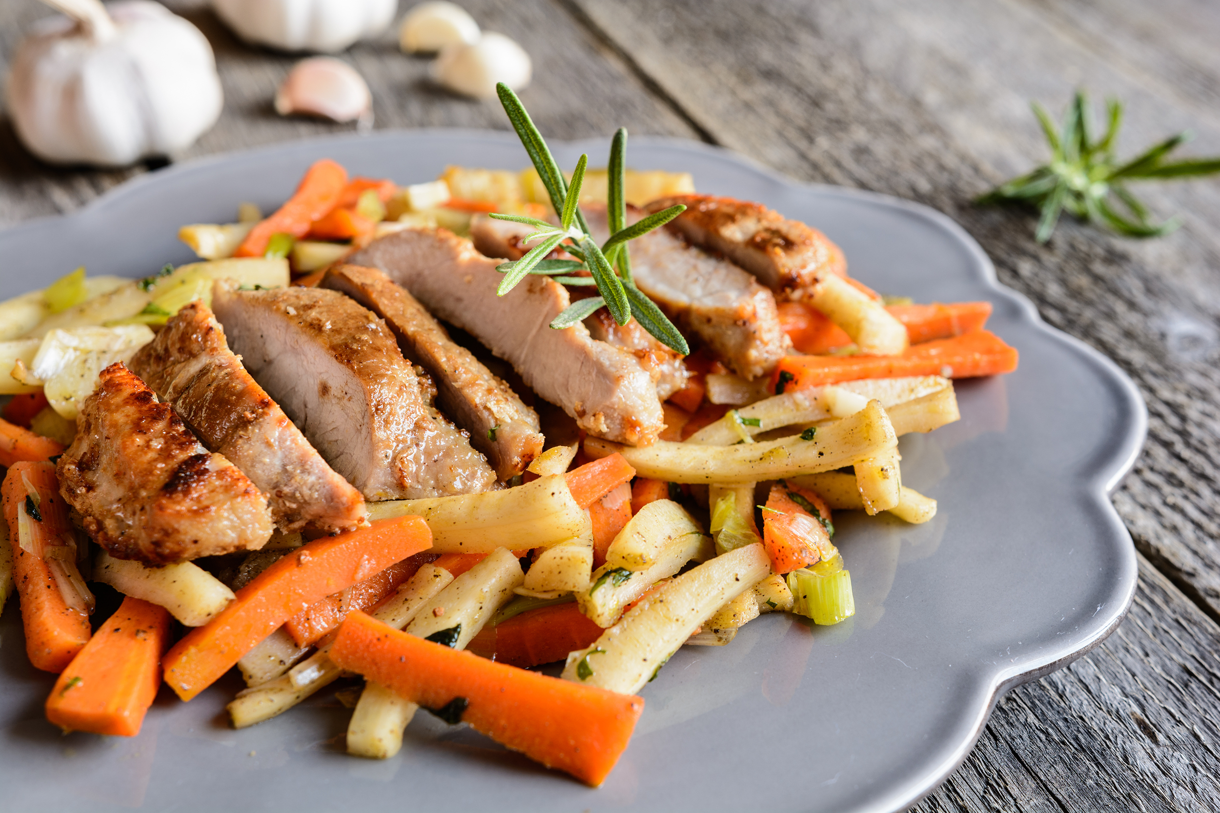 Pork loin over vegetables