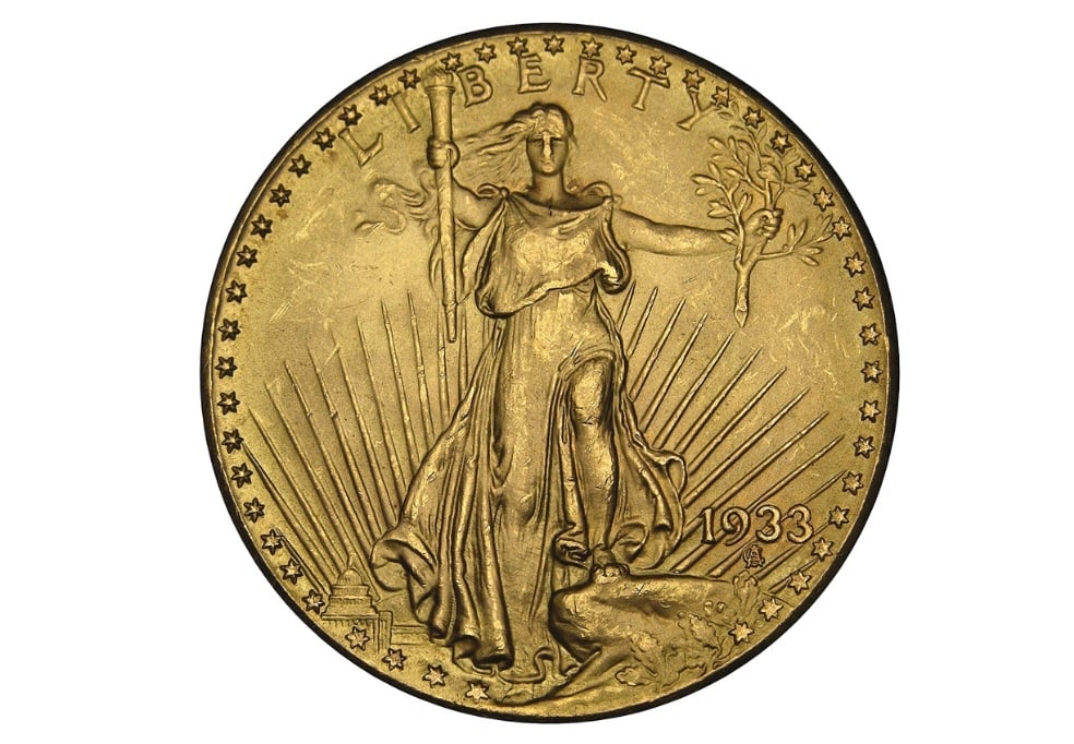 A gold coin featuring Lady Liberty holding a torch and olive branch, with rays and the year "1933" at her feet, stars along the edge, and "LIBERTY" at the top—an iconic example among expensive collectibles.