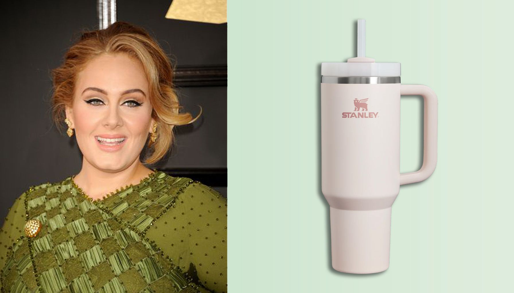 A diptych with singer Adele one side in a green dress and a pale pink Stanley Quencher on the other side against a light green gradient background.