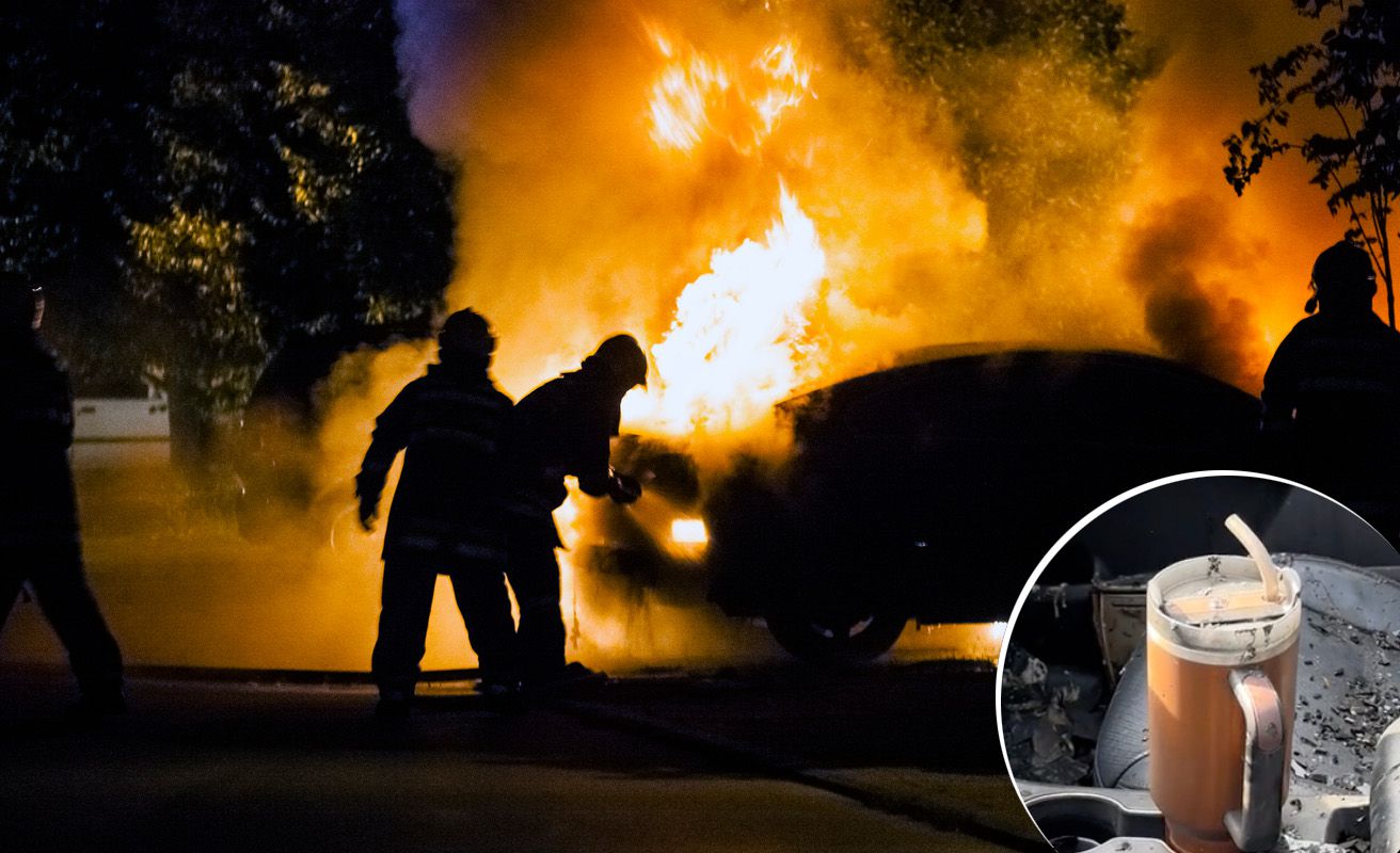 A stock image of a burning car at night with an overlay of a Stanley Quencher cup that survived the fire inside the car.