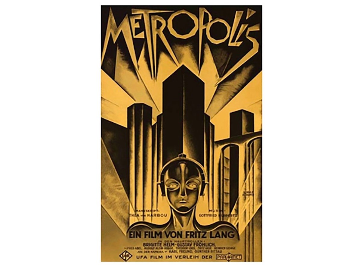 Vintage poster for the film "Metropolis" featuring bold Art Deco lettering, a robot-like female face in the foreground, and futuristic skyscrapers in gold and black tones—an iconic piece among expensive collectibles. German text credits director Fritz Lang.