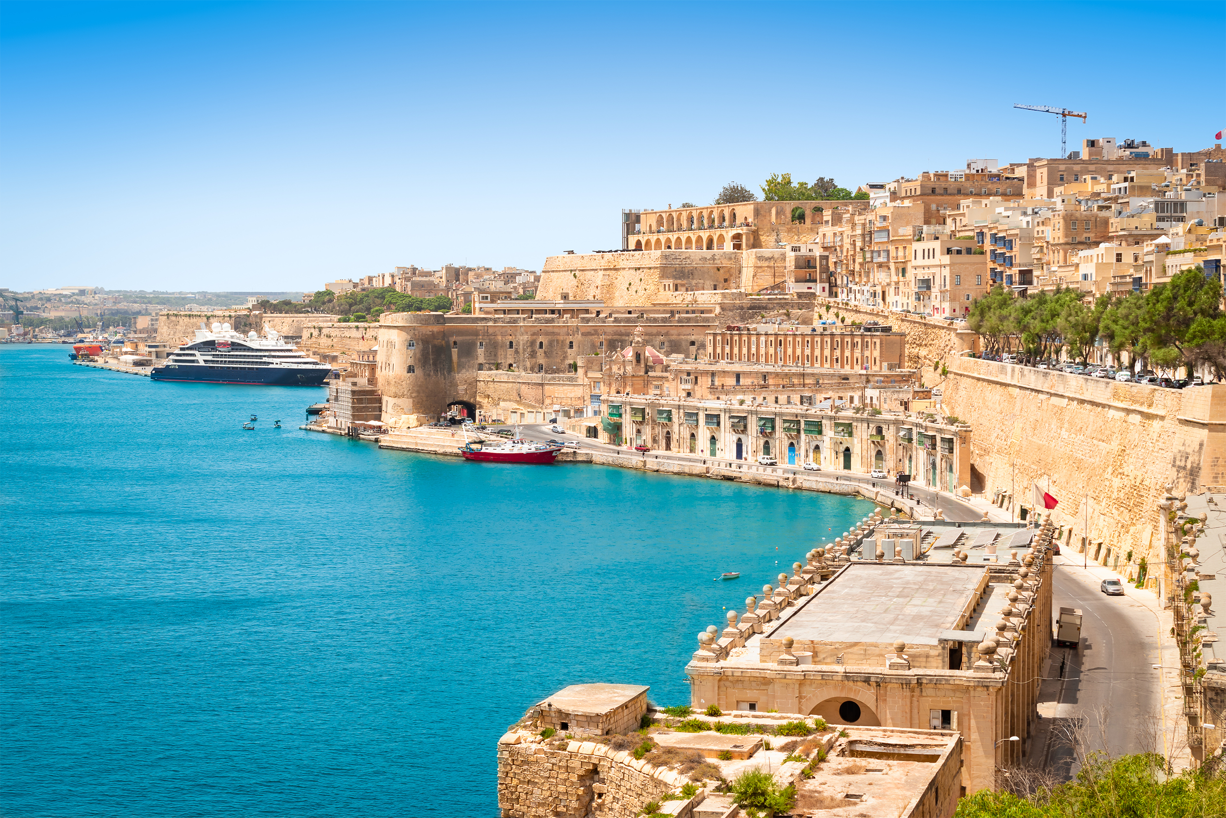Port of Valletta, Malta, ocean on the right, on a clear, sunny day